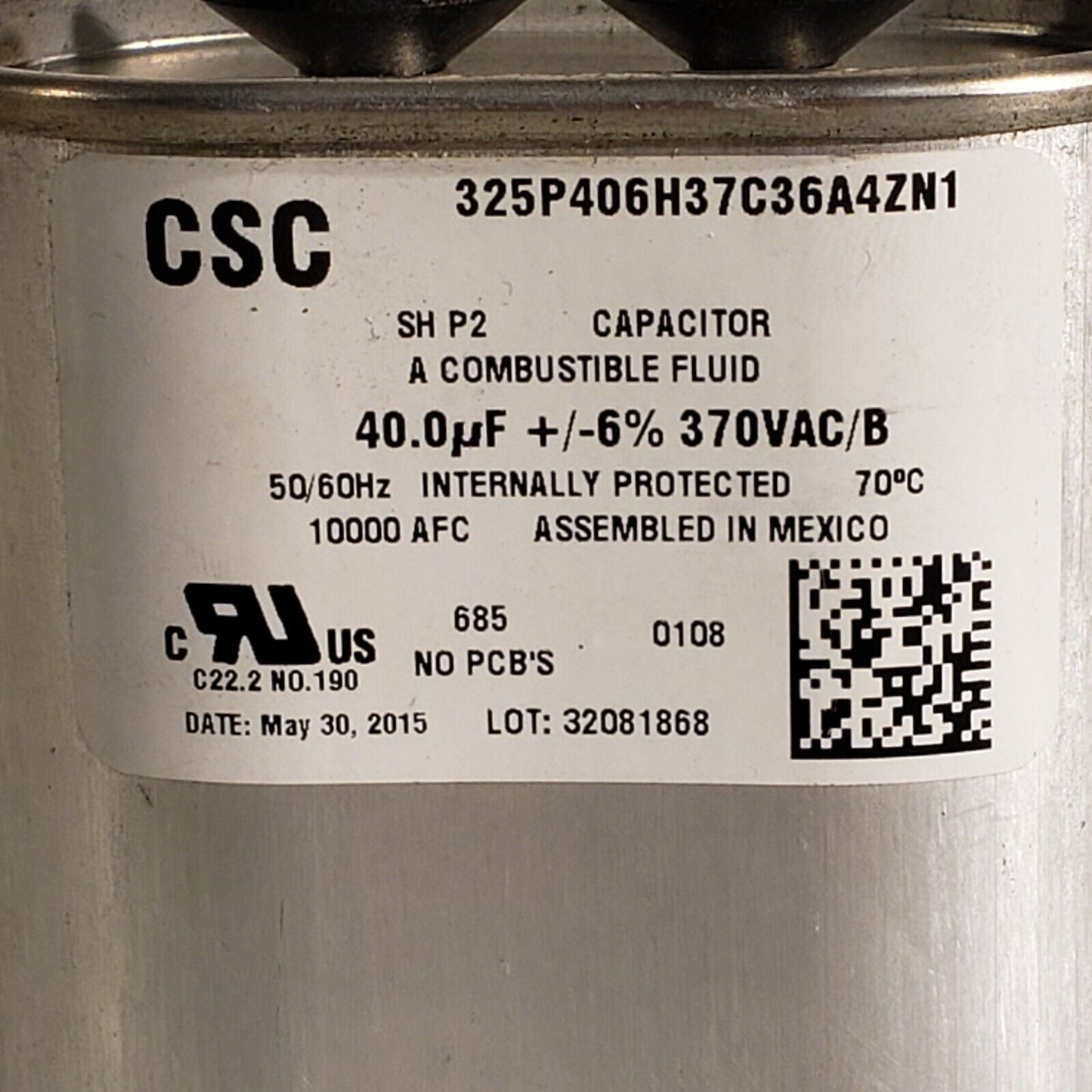 CSC SH Capacitor 40.0uF +/-6% 370VA/B 50/60Hz 10000 AFC 325P406H37C36A4ZN1