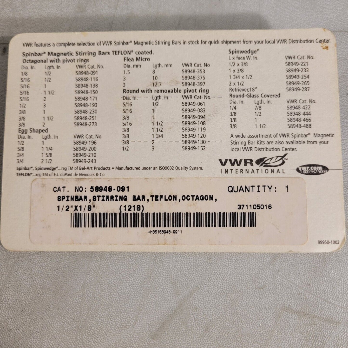 VWR 58948-091 Magnetic Spinbar Stirring Bar Octagonal 1/2" X 1/8" PTFE Coated