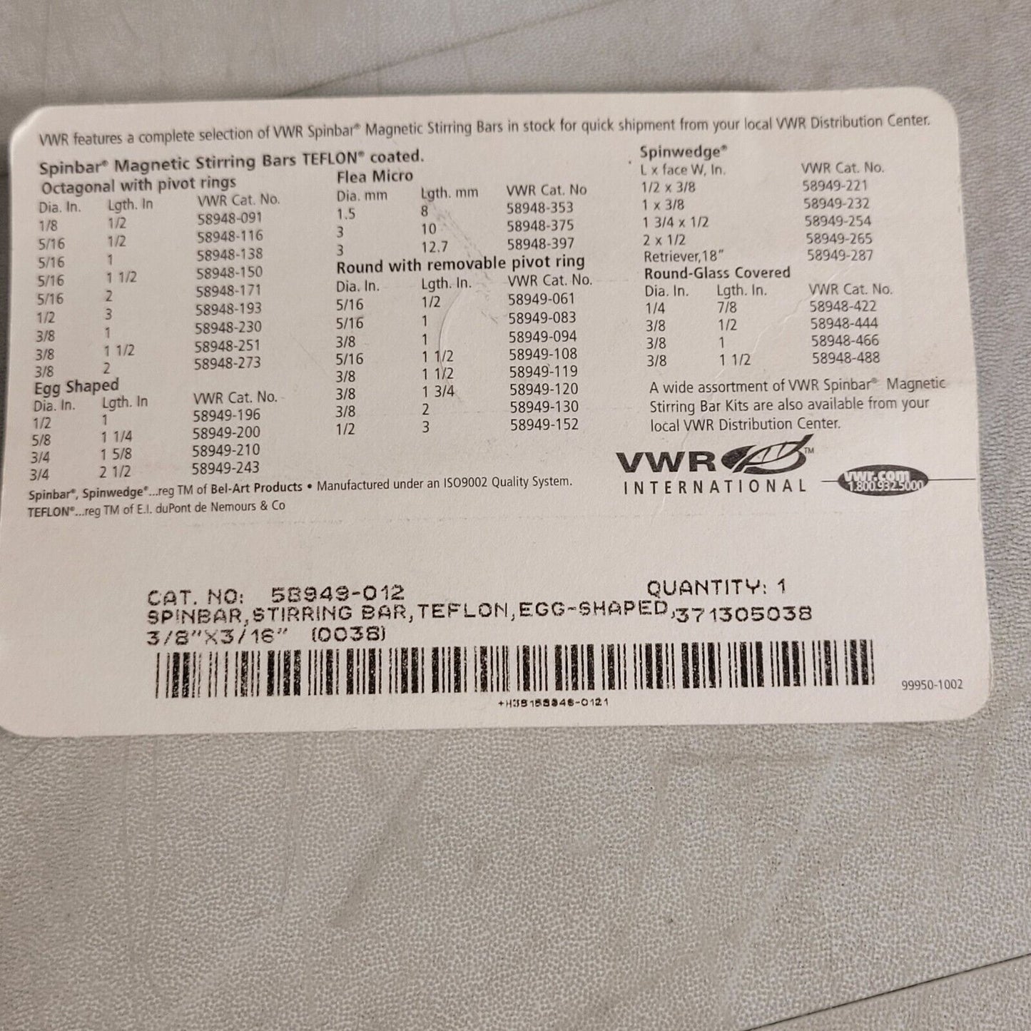 VWR 58943-012 Magnetic Spinbar Stirring Bar Egg-shaped 3/8" X 3/16" PTFE Coated