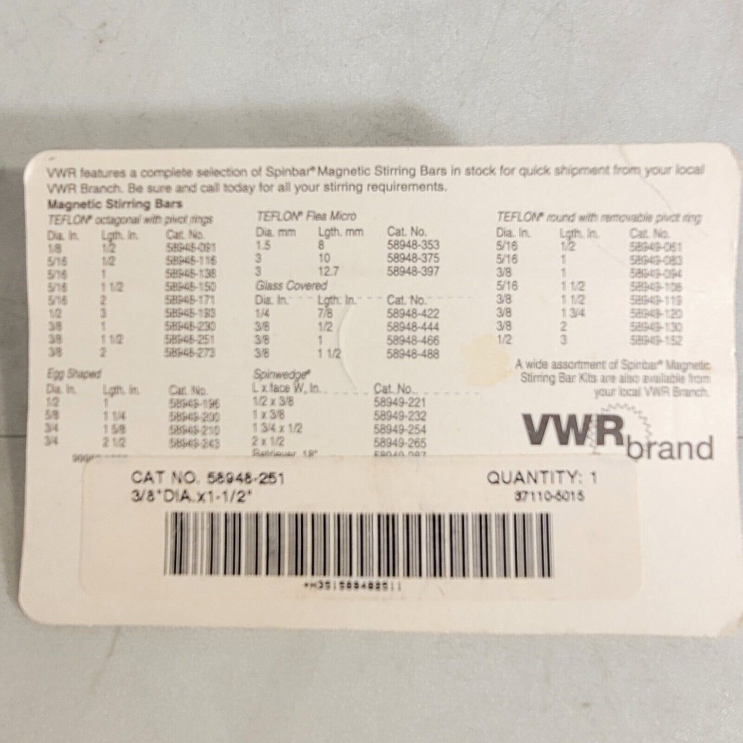 VWR 58948-251 Magnetic Spinbar Stirring Bar Octagonal 1-1/2" X 3/8" PTFE Coated