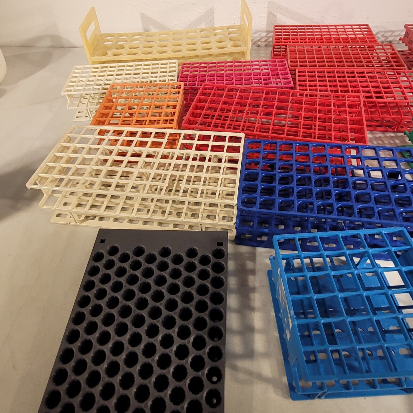 Large Lot of Plastic Sample Vial Tube Racks Various Sizes Bottle Organizer