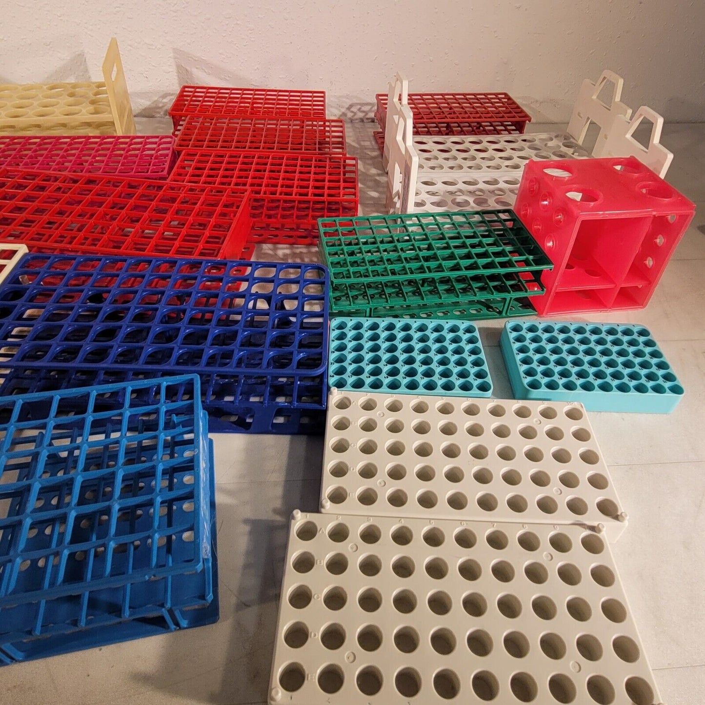 Large Lot of Plastic Sample Vial Tube Racks Various Sizes Bottle Organizer