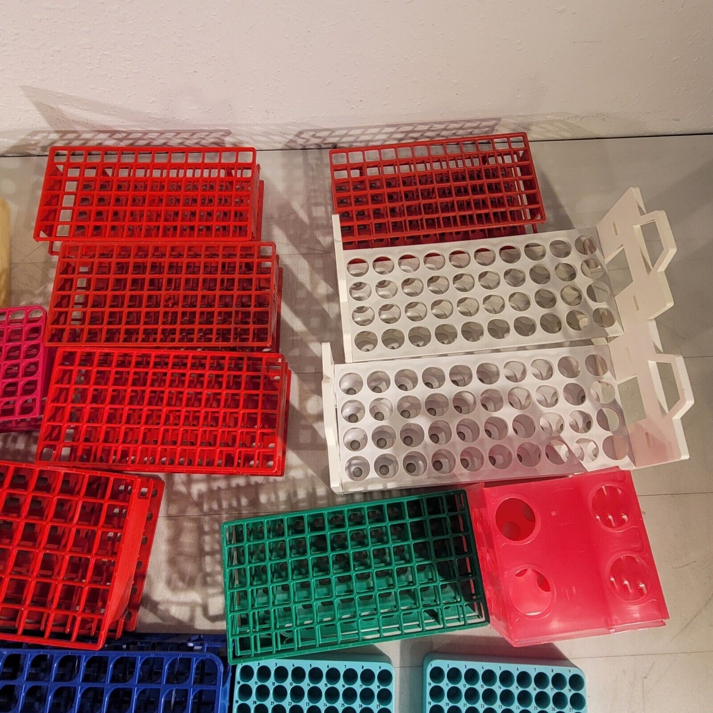 Large Lot of Plastic Sample Vial Tube Racks Various Sizes Bottle Organizer