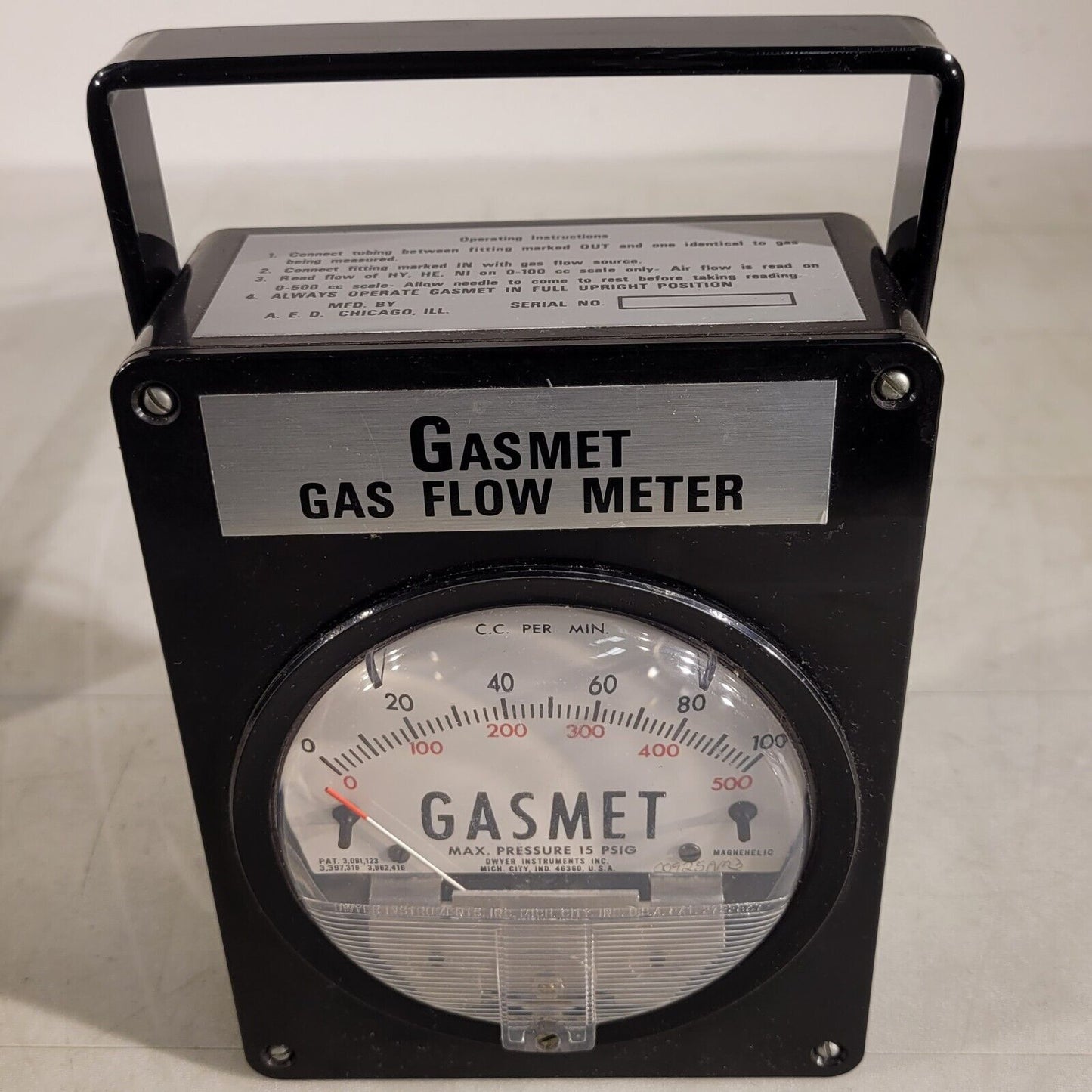 Vintage Dwyer Gasmet Gas Flow Meter 15PSIG Max Pressure 100 CCM SCCM Range