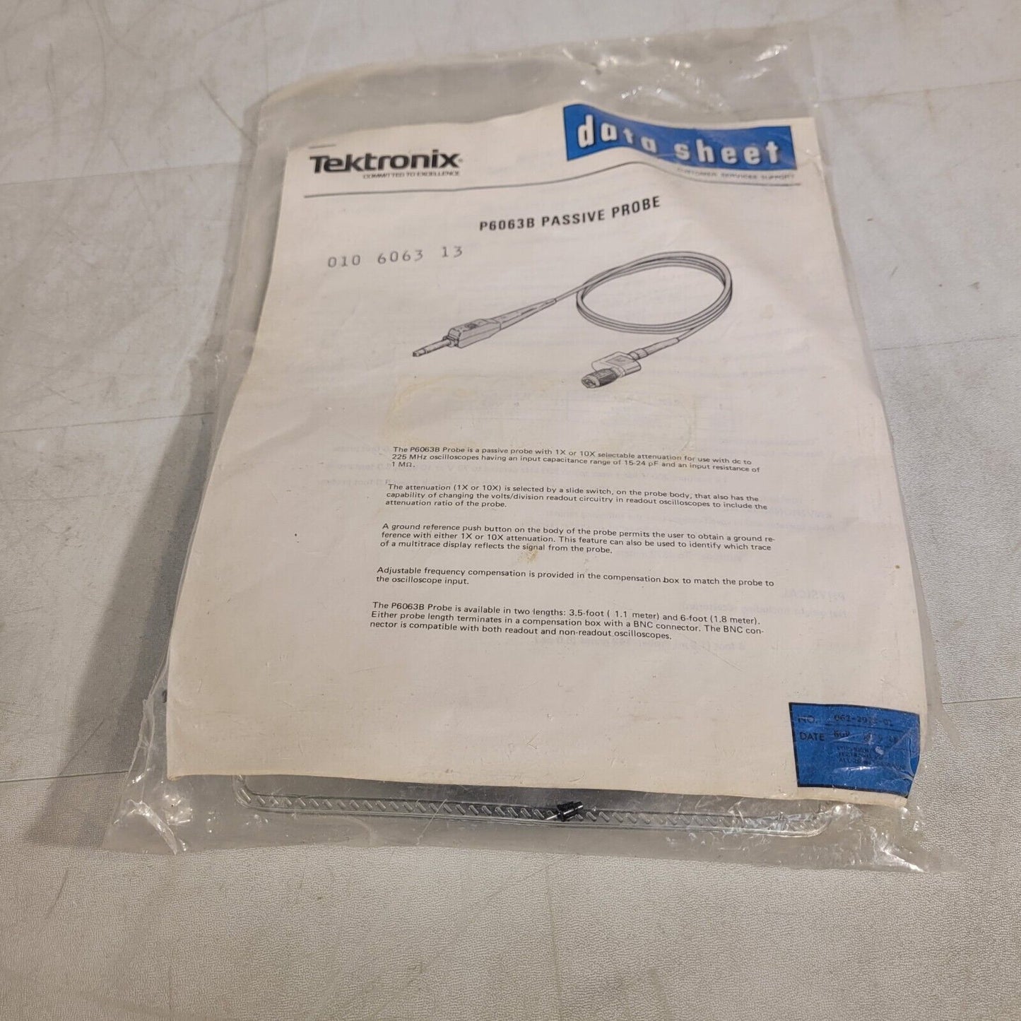 Tektronix P6063B Passive Probe 1X Or 10X 225MHz 15-24pF 6ft Length