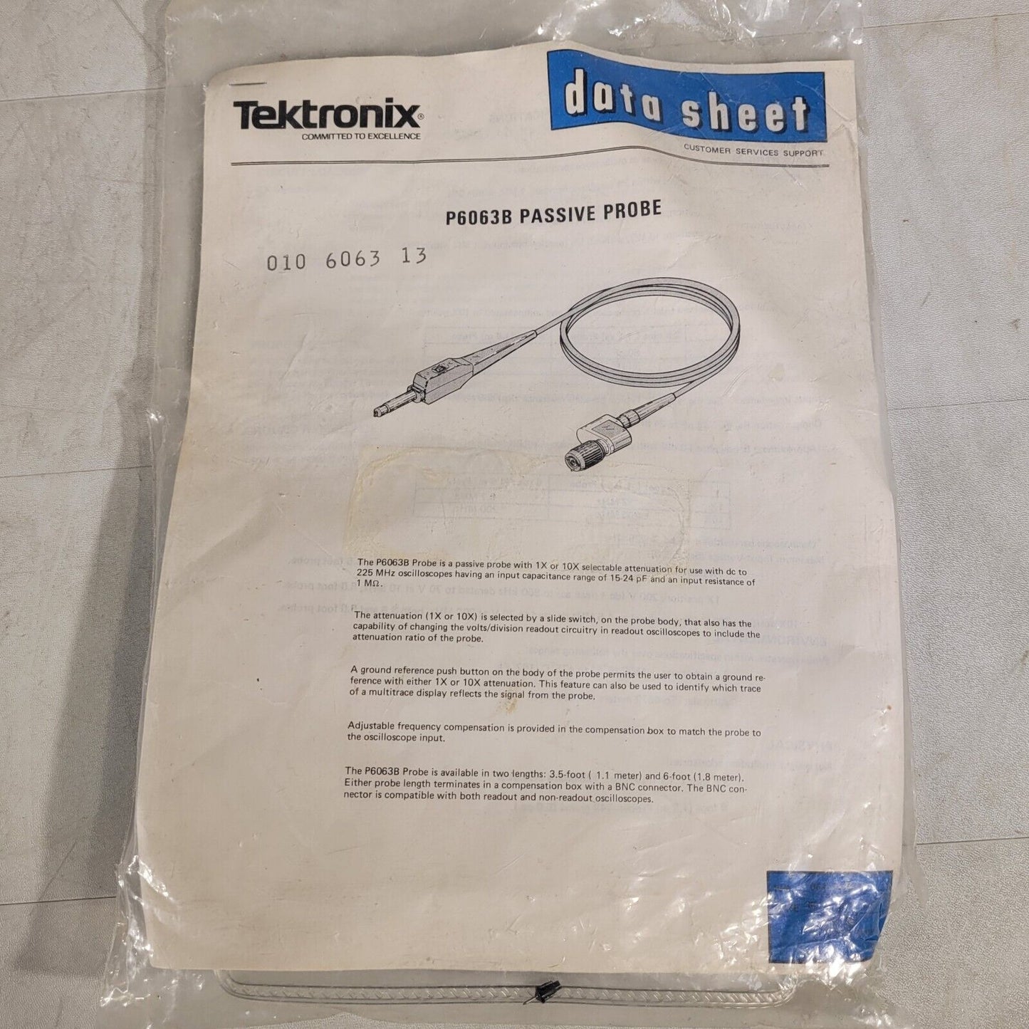Tektronix P6063B Passive Probe 1X Or 10X 225MHz 15-24pF 6ft Length