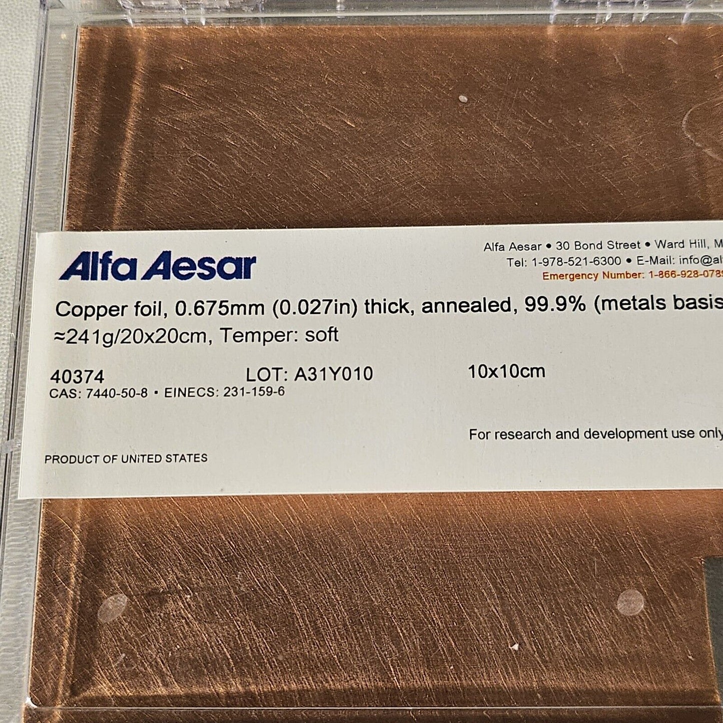 Alfa Aesar Thermo 40374 Pure Copper Foil 0.675mm Thick Annealed 99.9% 20cm Sq