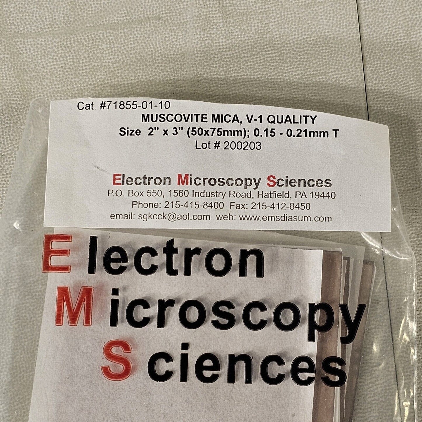 EMS 71855-01-10 Miscovite Mica V-1 Quality 2"x3" Sheet 0.15-0.21 Thick AFM SPM
