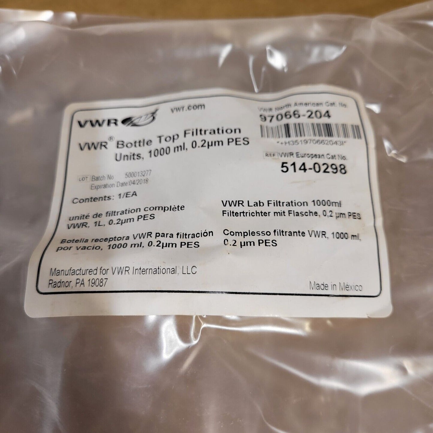 VWR 97066-204 Bottle Top Filtration Units 1000ml 0.2um PES Old Stock