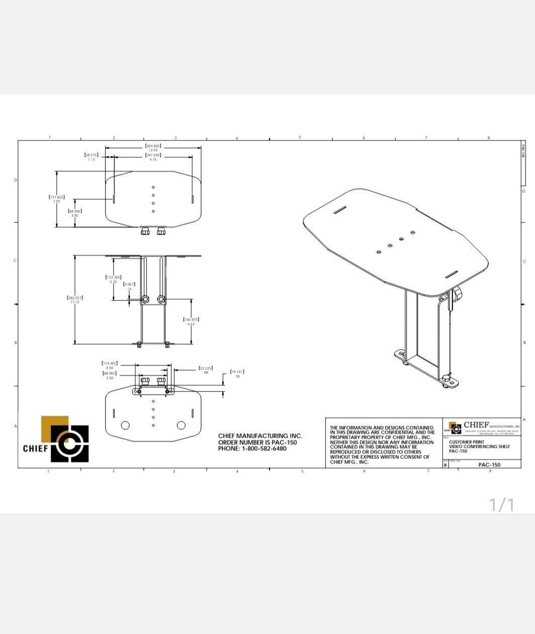 Chief PAC150 Video Conferencing Camera Shelf 12" W x 7" D
