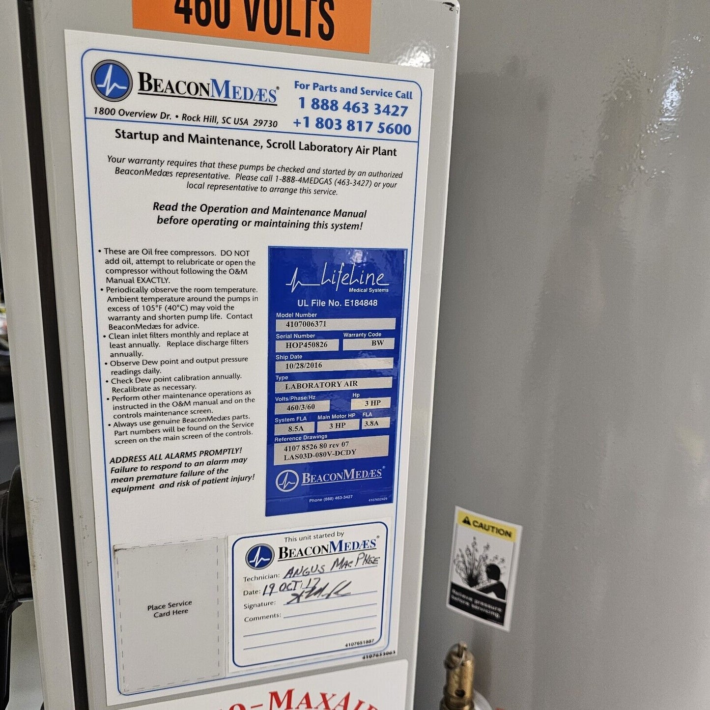 BeaconMedaes Duplex 3HP Oil-Less Scroll Laboratory Air Compressor System 460V