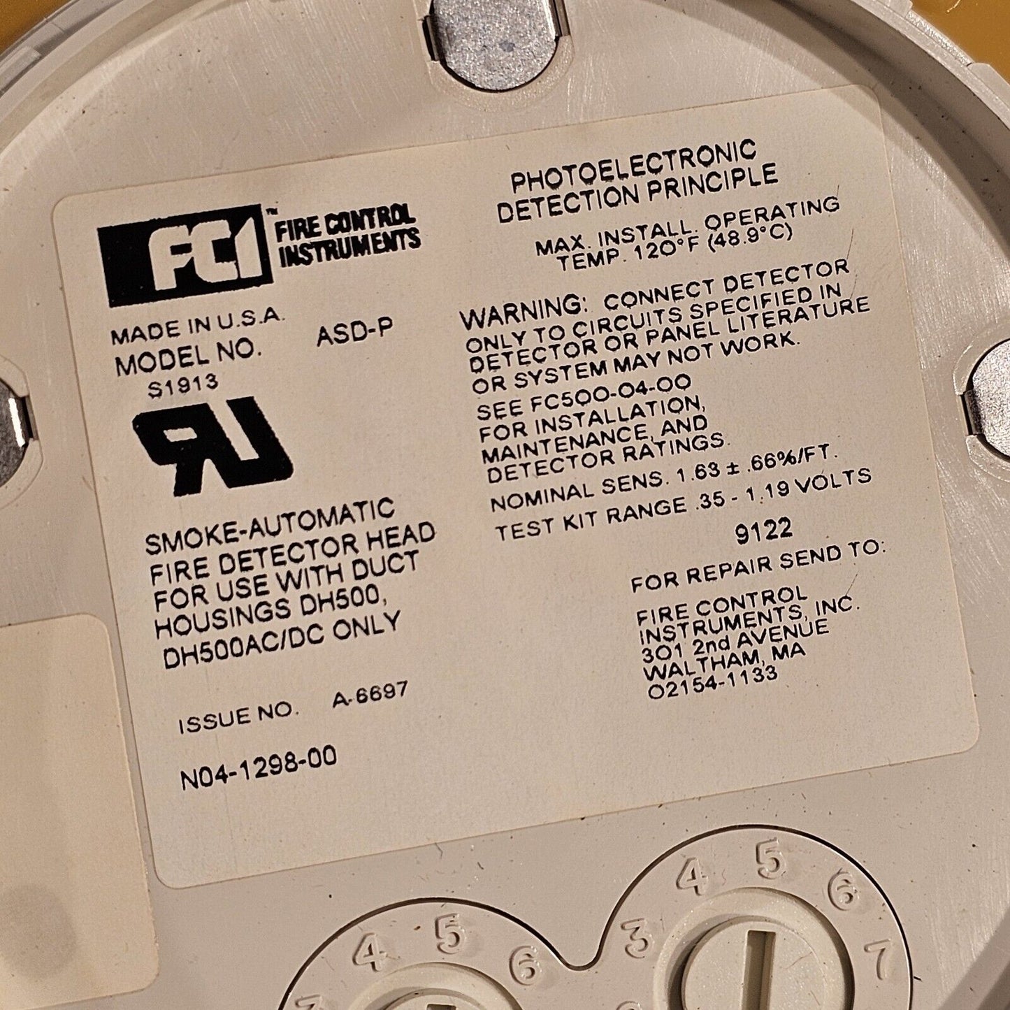 FCI ASD-P Duct Photoelectric Smoke Detector Gamewell ASDP Remote Test Capable