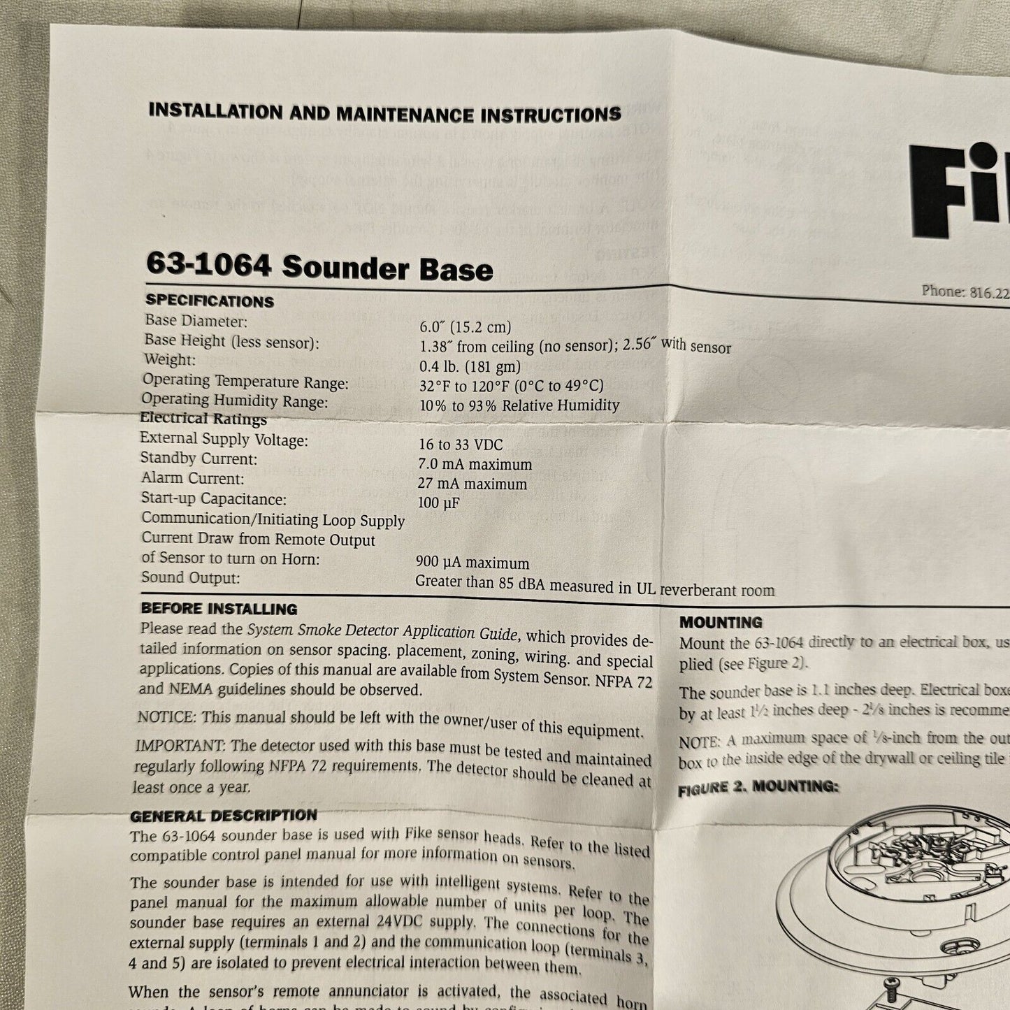 Fike 63-1064 Sounder Base with Horn 631064 Fire Alarm Mount NOS