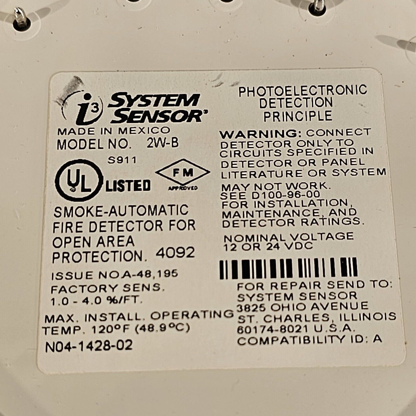 System Sensor 2W-B 2-wire Plug-in Photoelectric w/ Base 12/24V Smoke Detector i3