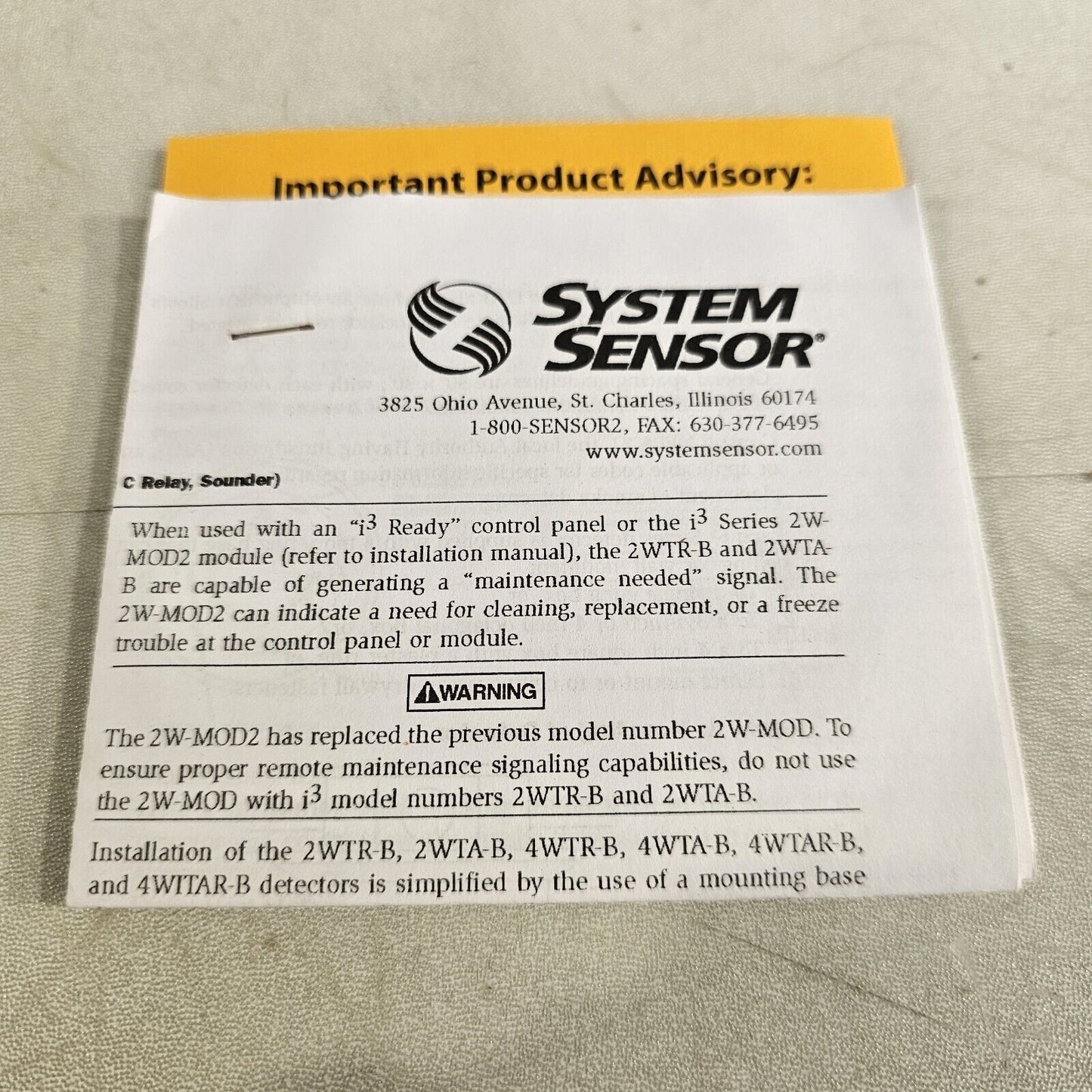 System Sensor 2WTR-B 2 Wire Photoelectric Smoke Detector w/ Base Relay Honeywell