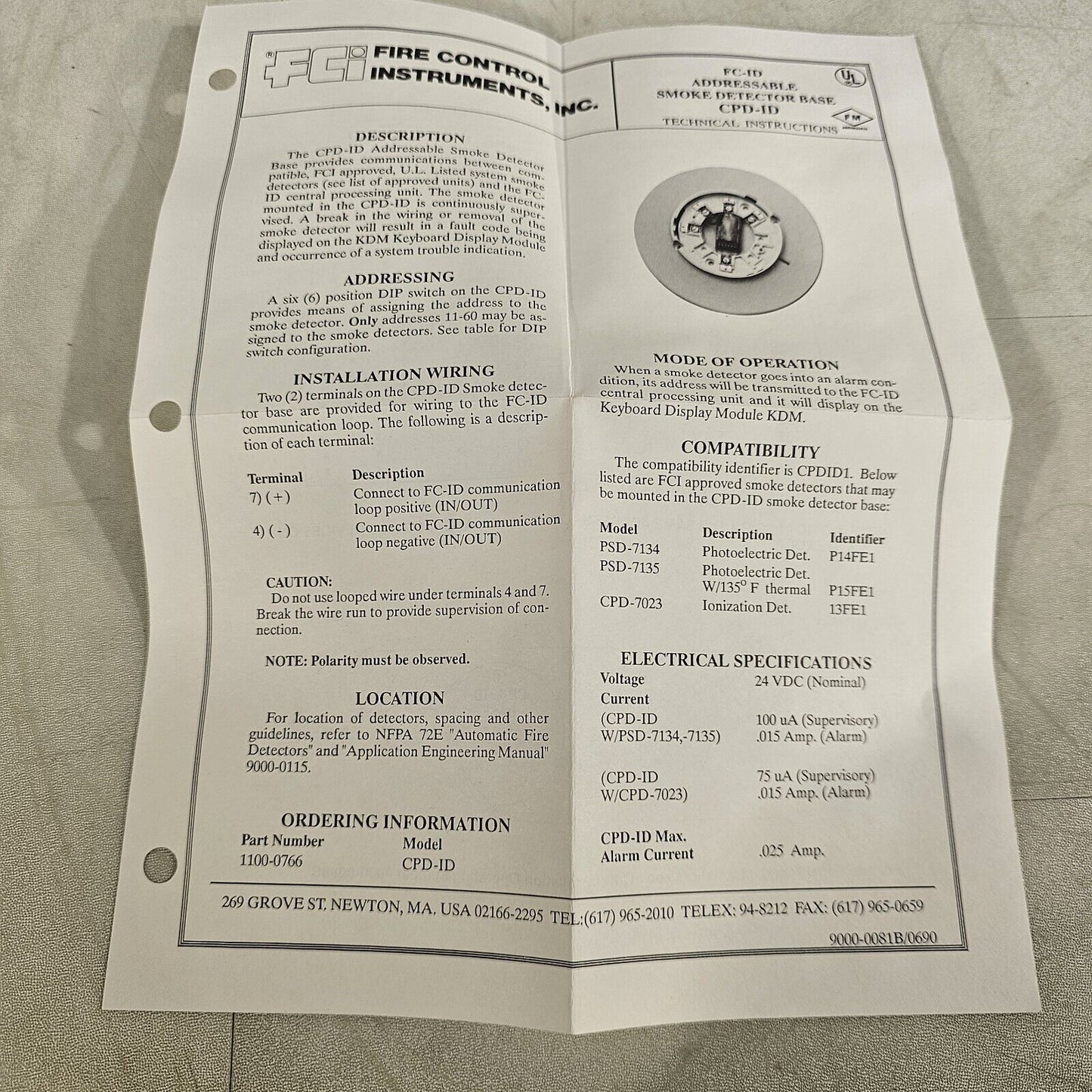 FCI Gamewell Addressable Smoke Detector Base CPD-ID 1100-0766 Fire Alarm System