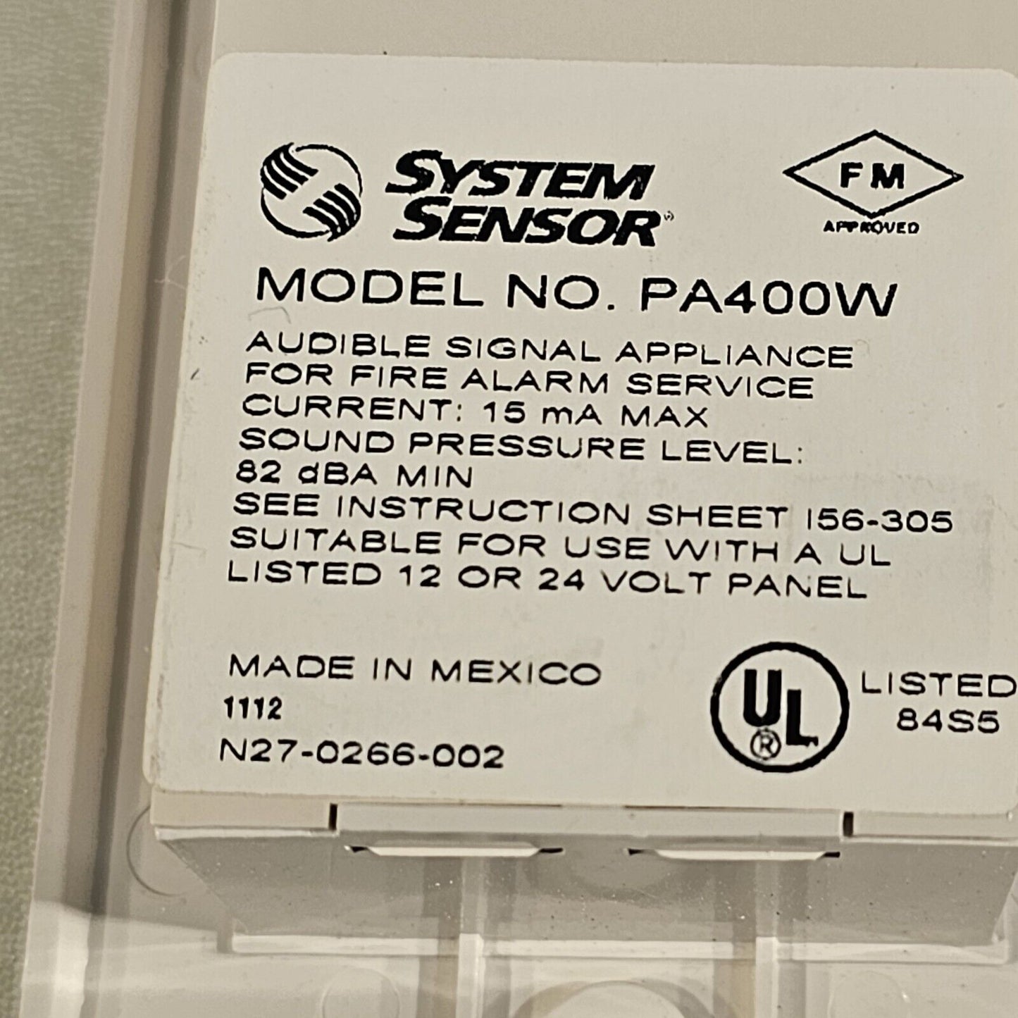 System Sensor PA400W Mini-Alert Sounder White Pa400 Series Alarm 12v To 30v DC