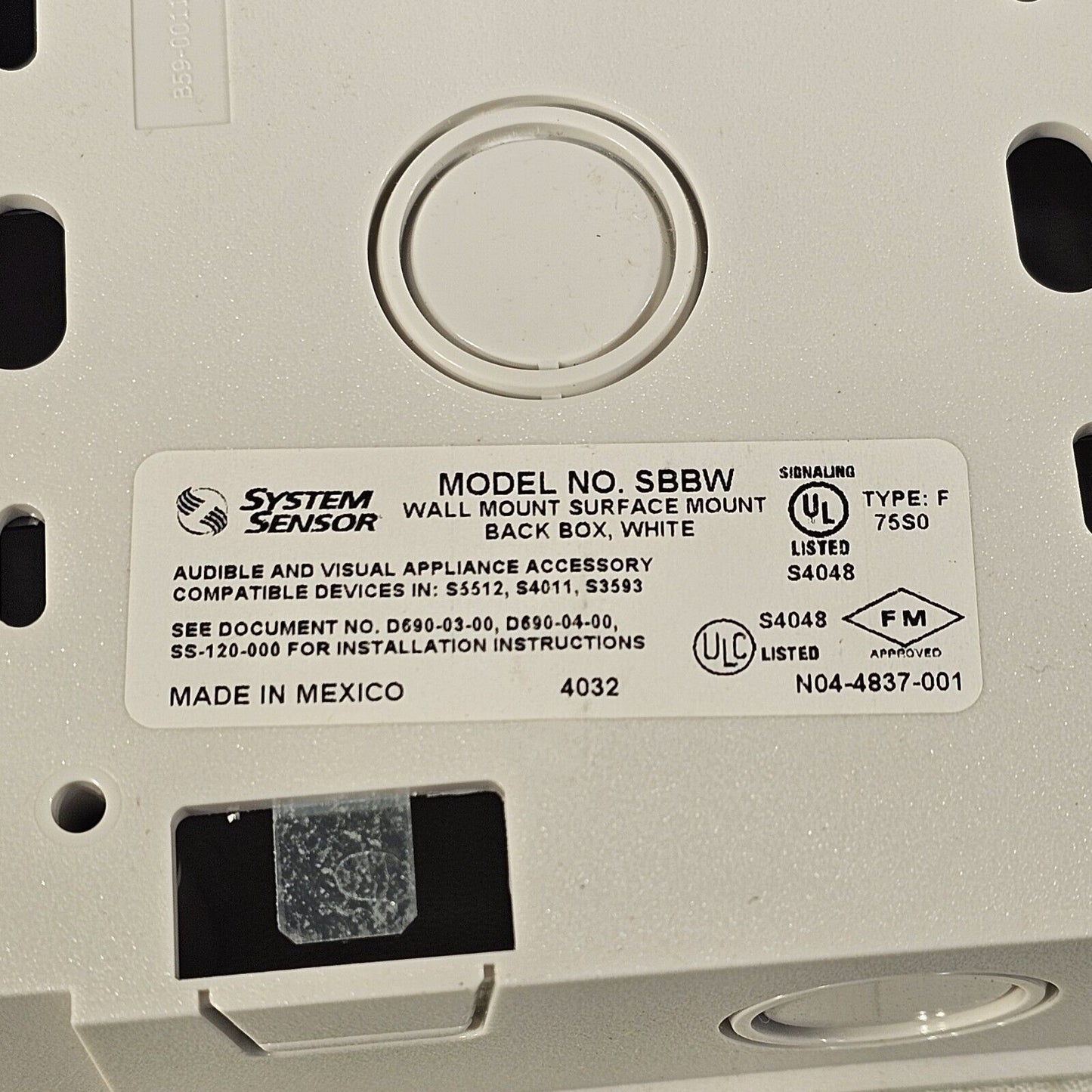 System Sensor SpectrAlert Advance SBBW White Wall Mount Surface Mount Back Box