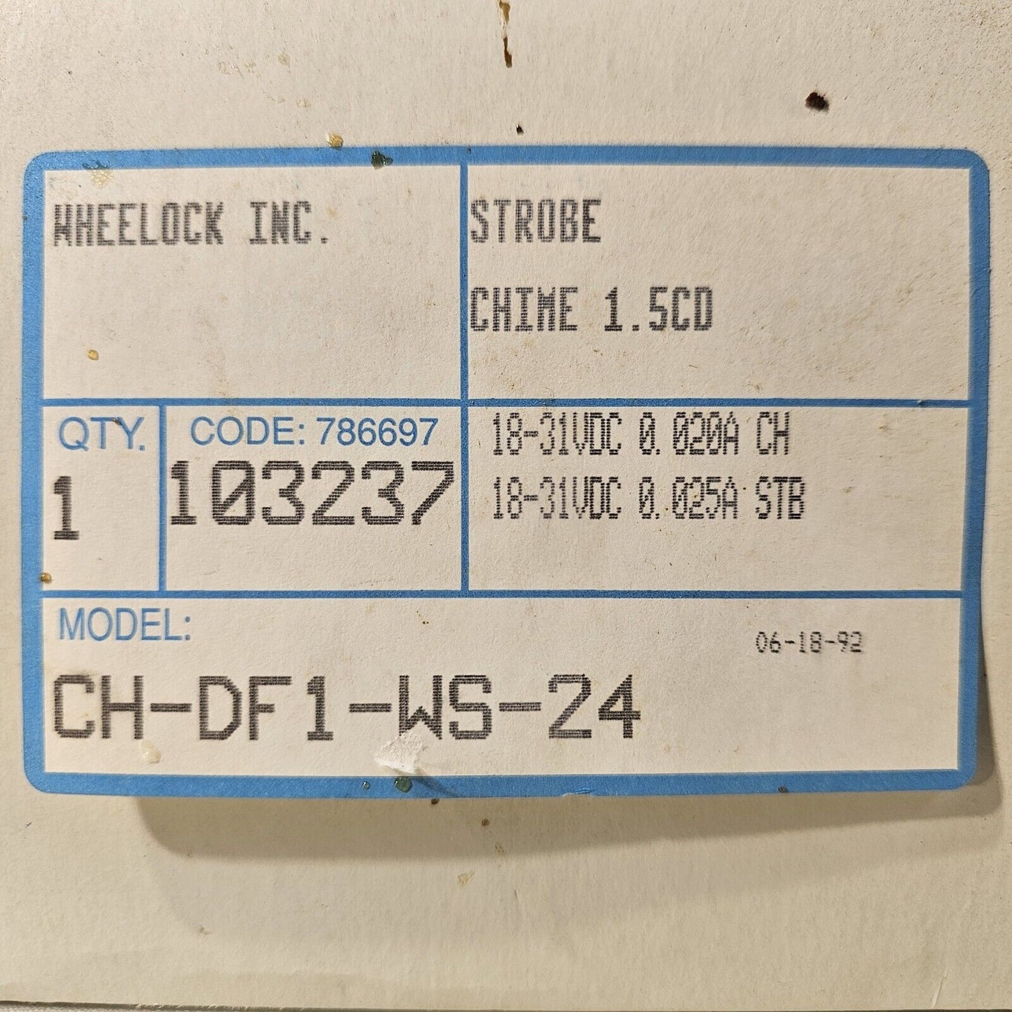 Wheelock CH-DF1-WS-24 Strobe Chime 1.5CD 103237 18-31VDC Fire Alarm Alerting