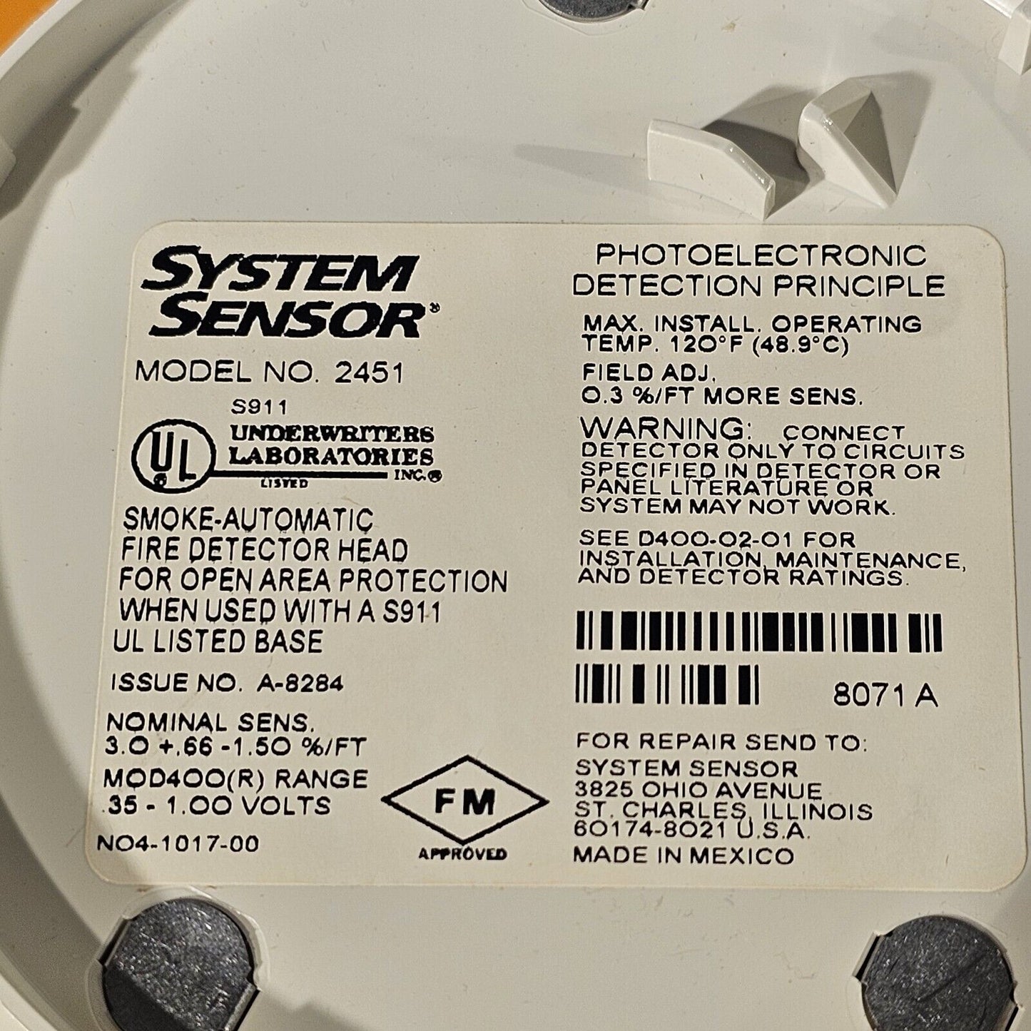 System Sensor 2451 Plug In Photoelectric 400-Series Smoke Detector Head