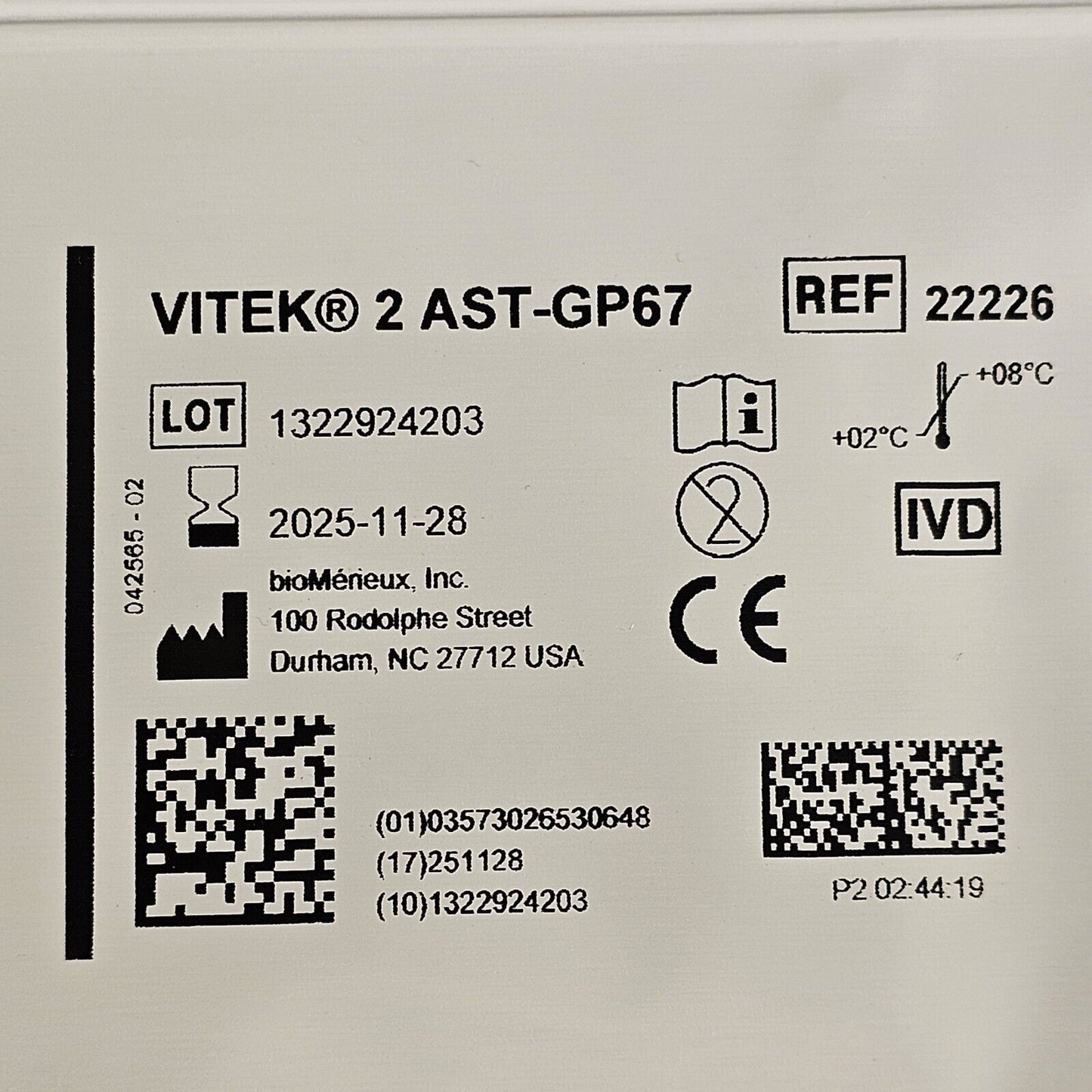 BioMerieux Vitek 2 AST-GP67 Test Kit Reagent Card 22226 - 1 Card