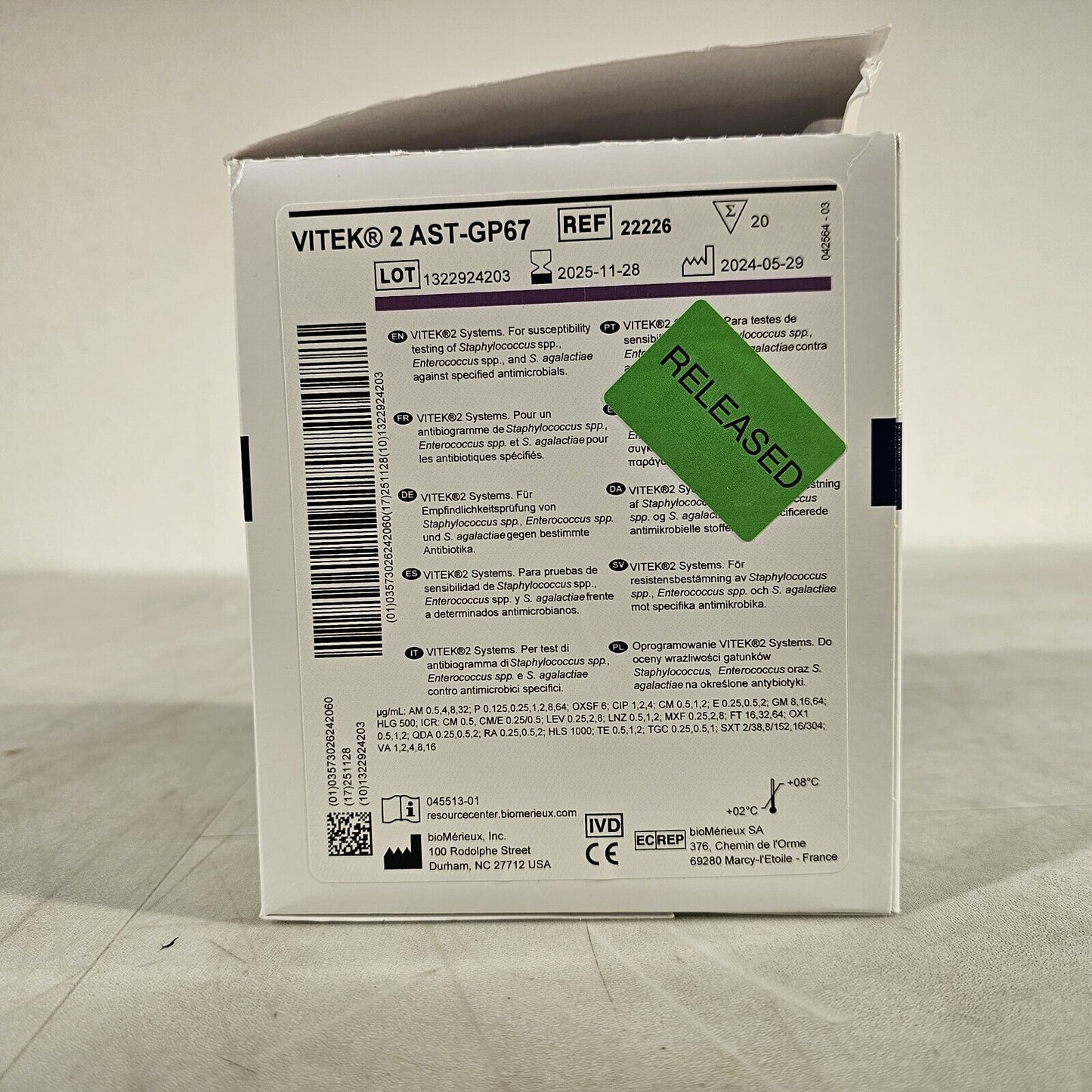 BioMerieux Vitek 2 AST-GP67 Test Kit Reagent Card 22226 - 1 Card