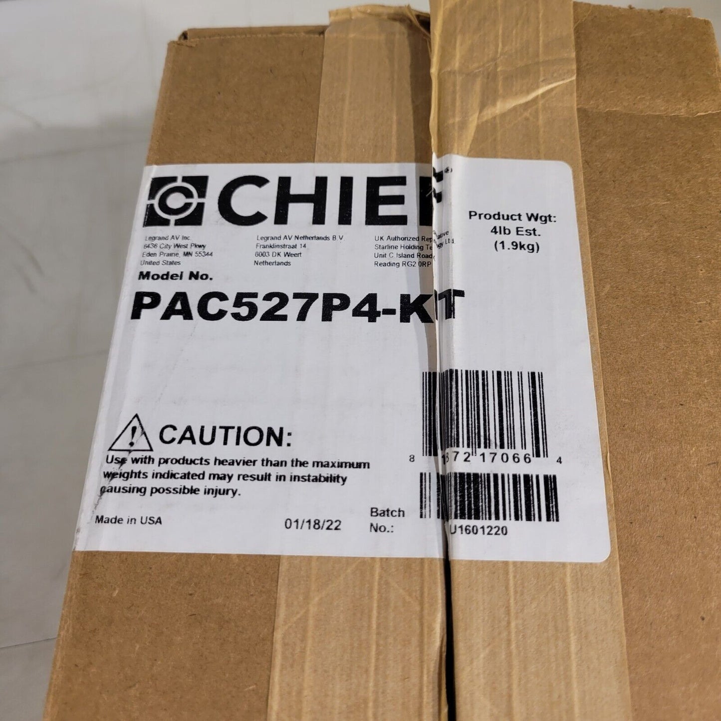 Chief PAC527P4-KIT 4 Plug In-Wall Retro Power Kit