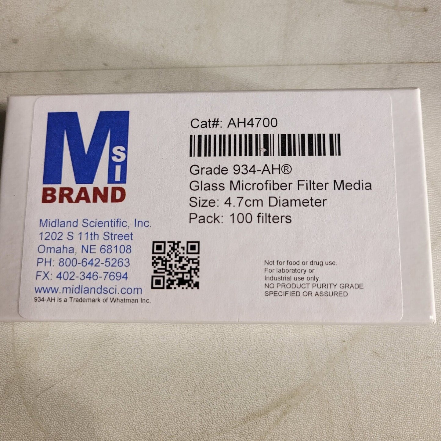 Midland Scientific AH4700 Glss Microfiber Filter Media Grade 934-AH 100 Pack