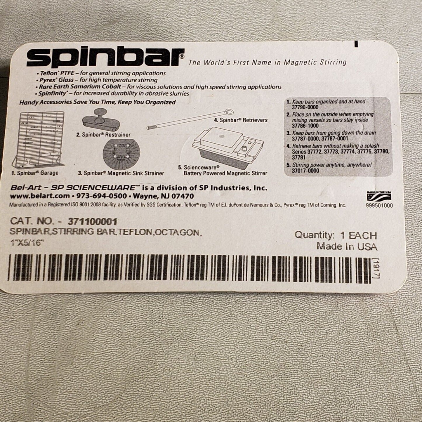 VWR 371100001 Magnetic Spinbar Stirring Bar Octagonal 1" X 5/16" PTFE Coated