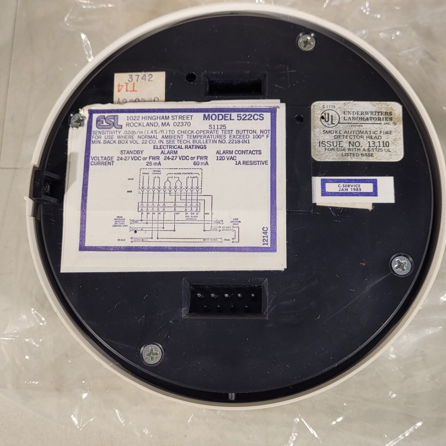 ESL Edwards 522CS Photoelectronic Smoke Detector 24VDC S1125