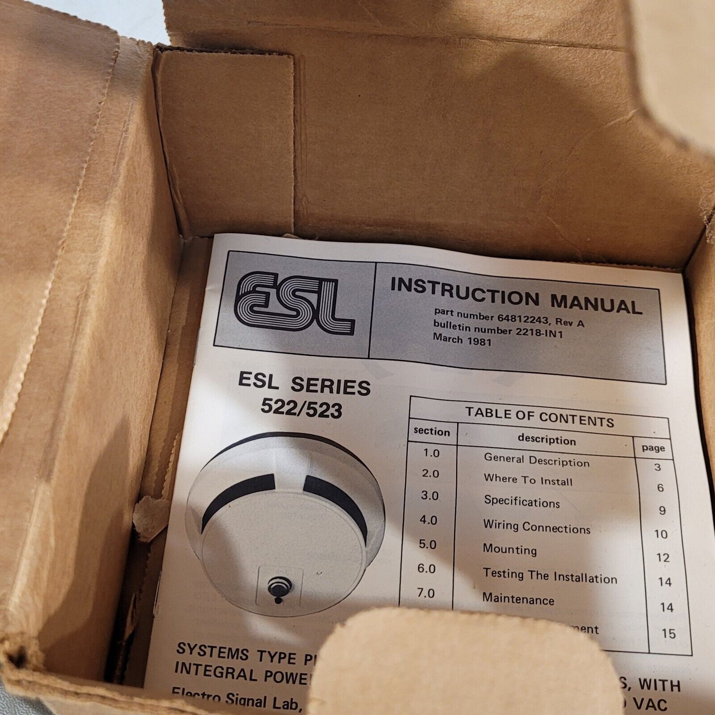 ESL Edwards 522CS Photoelectronic Smoke Detector 24VDC S1125
