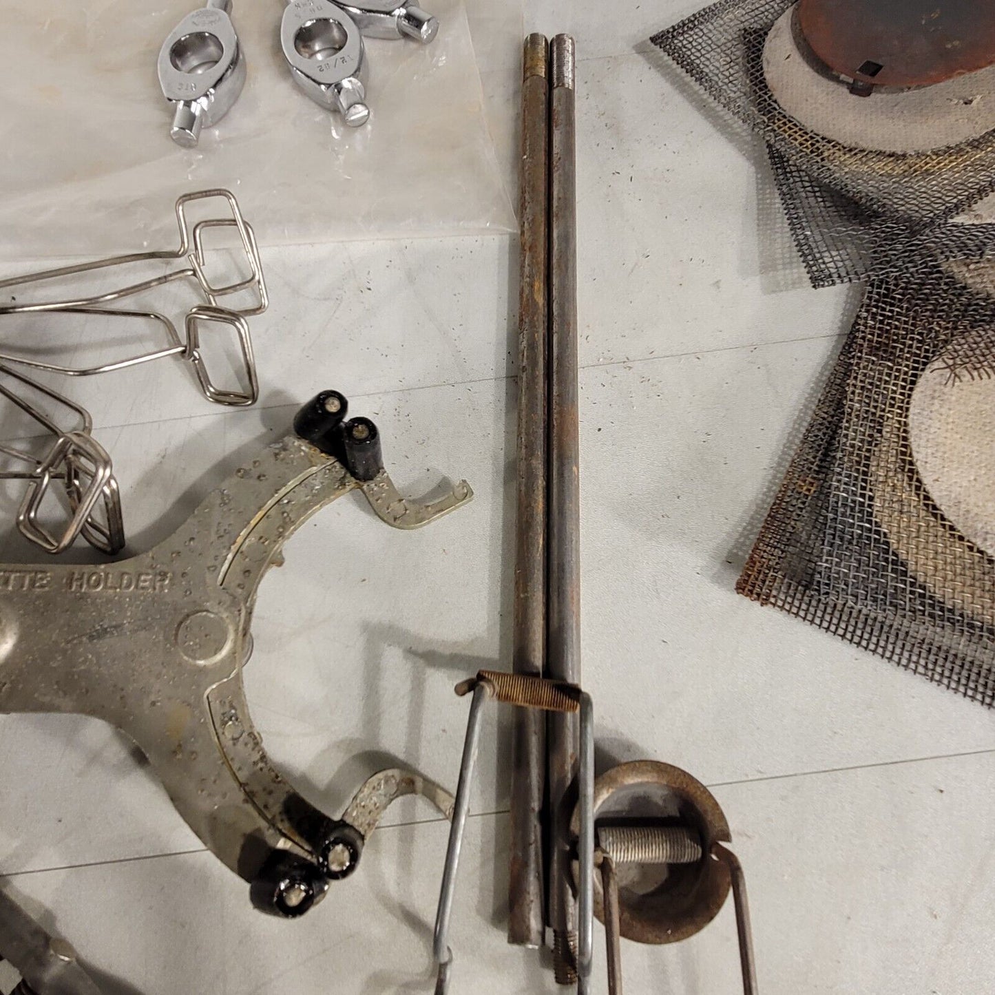 Lot Of Miscellaneous Chemistry Glassware Clamps, Stands, Holders And Accessories