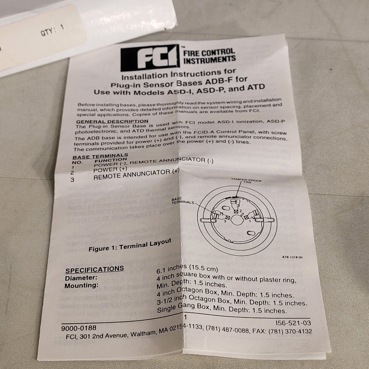 FCI ADB-F Automatic Fire Detector Base For Open Area 110-31B60 Fire Control Inst