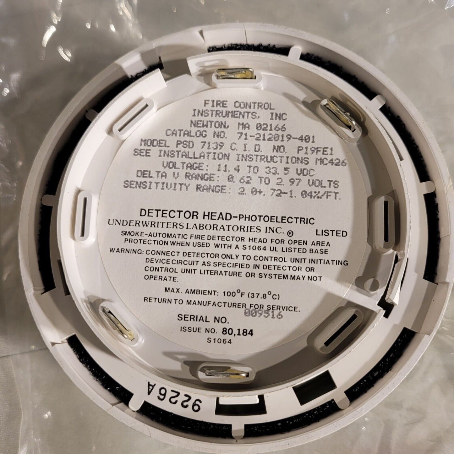 FCI Fire Control PSD 7139 Detector Head Photoelectric Detector 71-212019-401