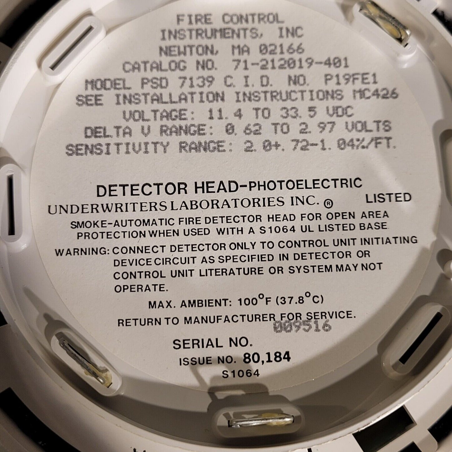 FCI Fire Control PSD 7139 Detector Head Photoelectric Detector 71-212019-401