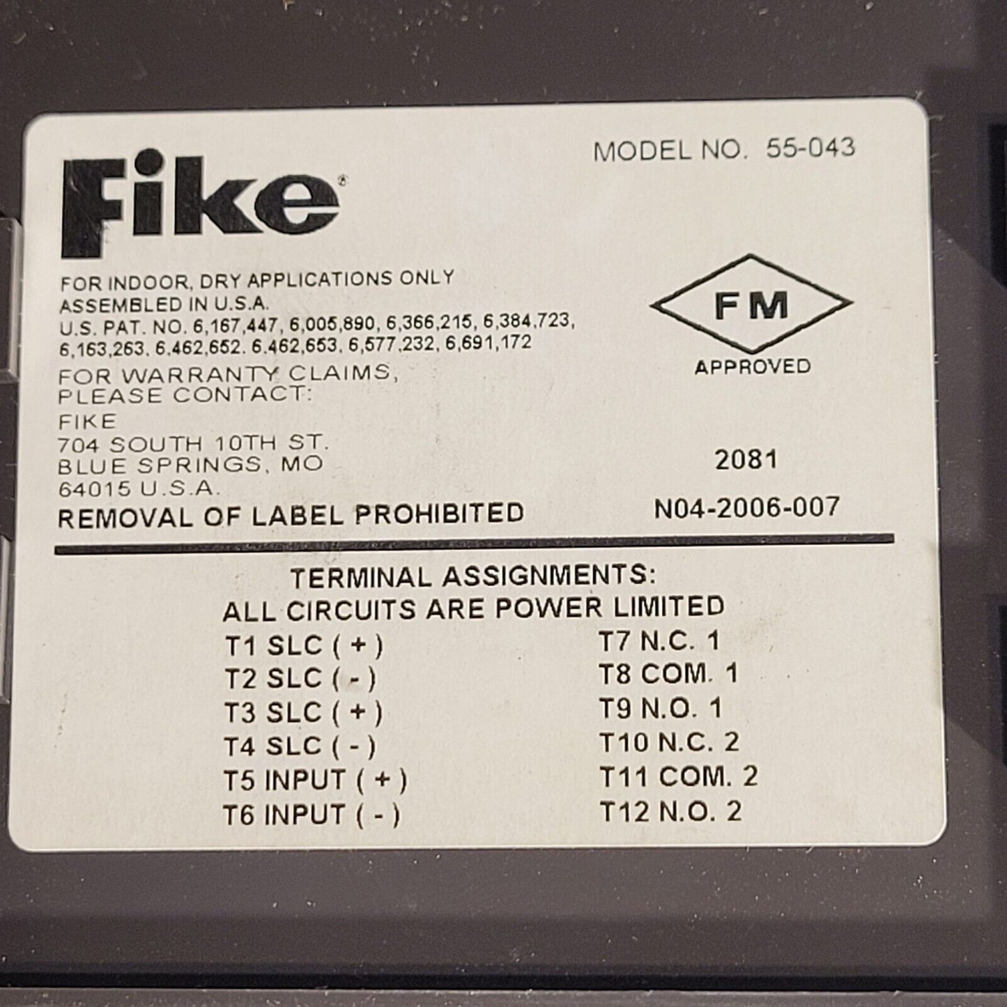 Fike 55-043 Relay Module Non-isolator LED Status Indicator Off White Plate