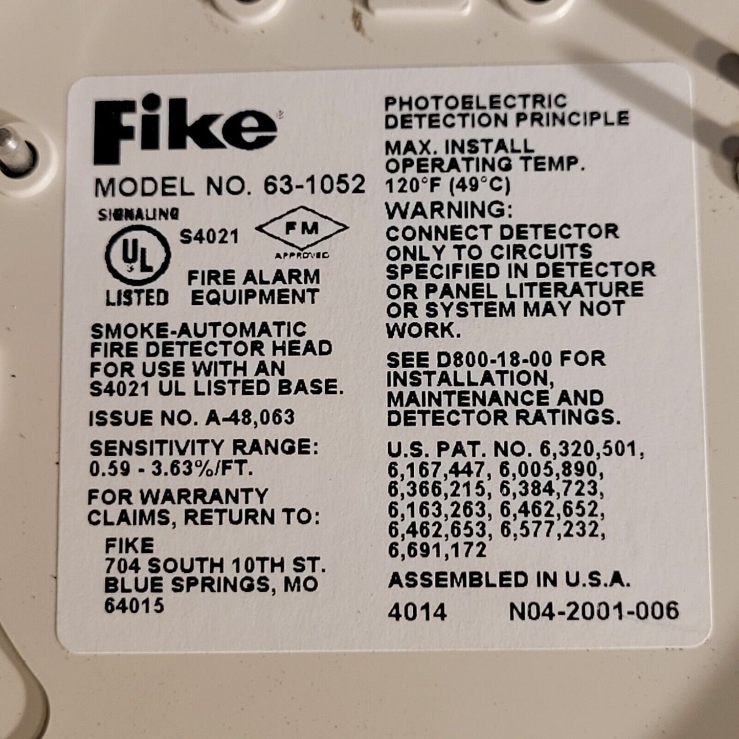 Fike 63-1052 Intelligent Photo Photoelectric Smoke Detector