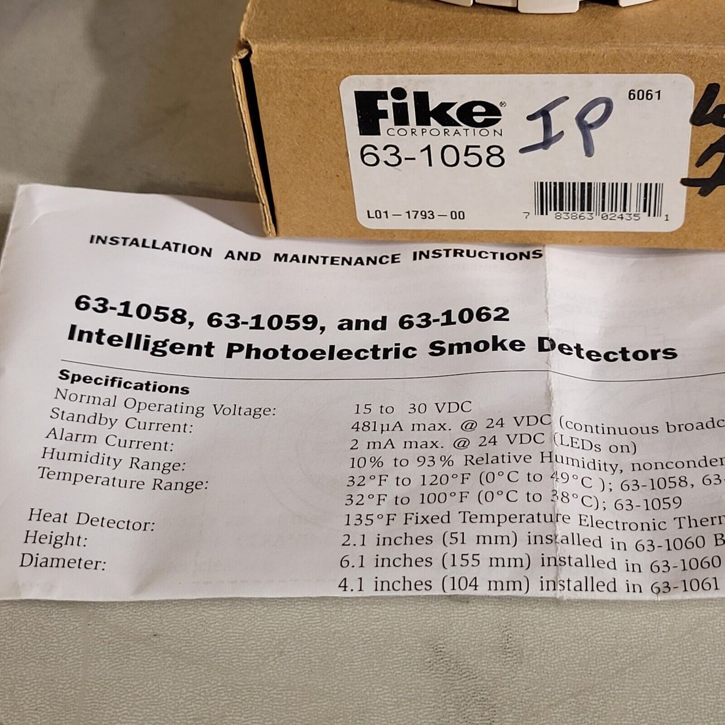 Fike 63-1058 Intelligent Photoelectric Smoke Detector 783863024351