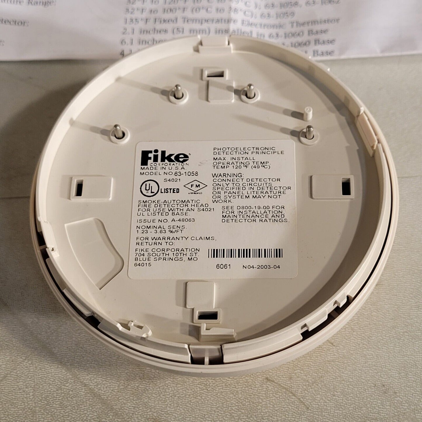 Fike 63-1058 Intelligent Photoelectric Smoke Detector 783863024351