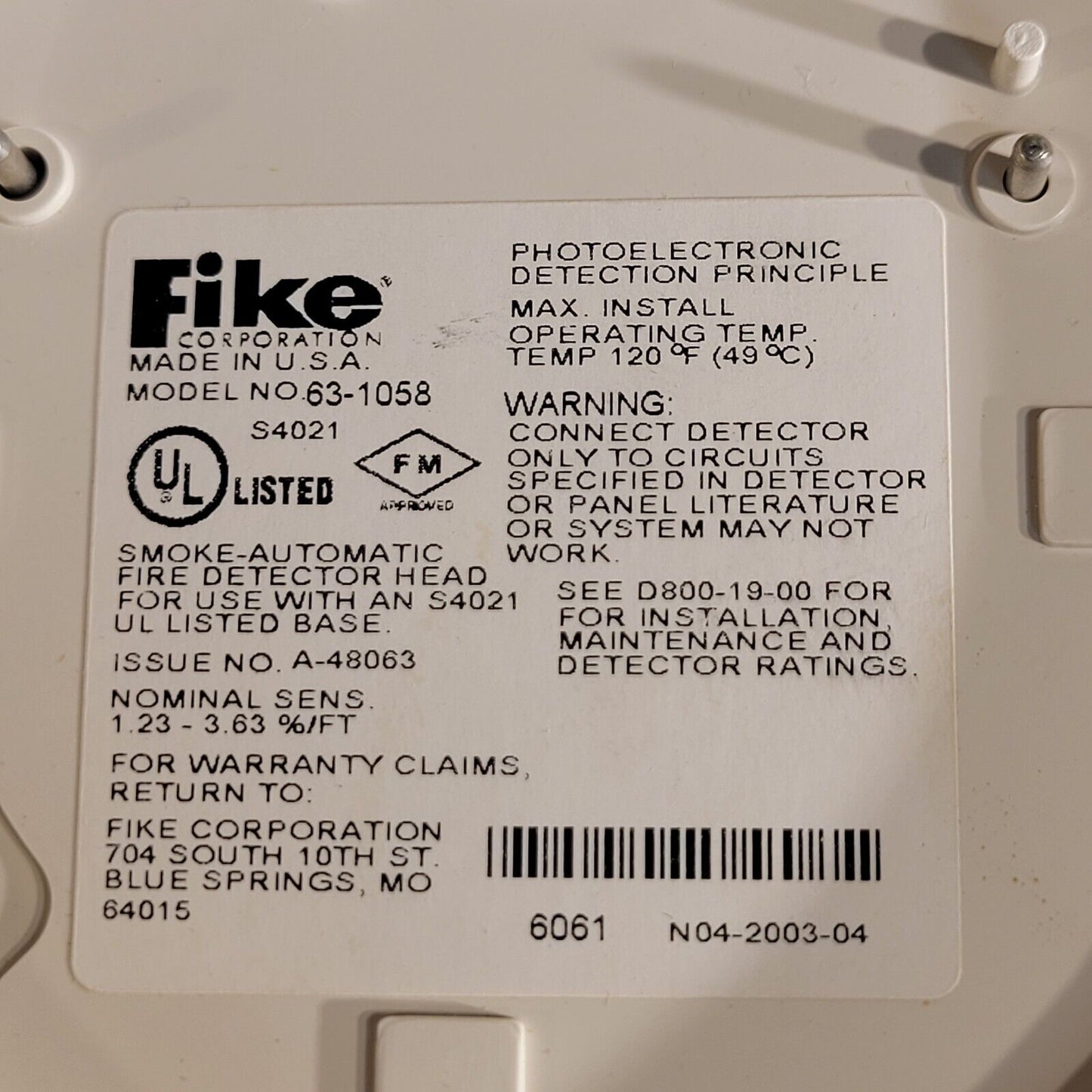 Fike 63-1058 Intelligent Photoelectric Smoke Detector 783863024351