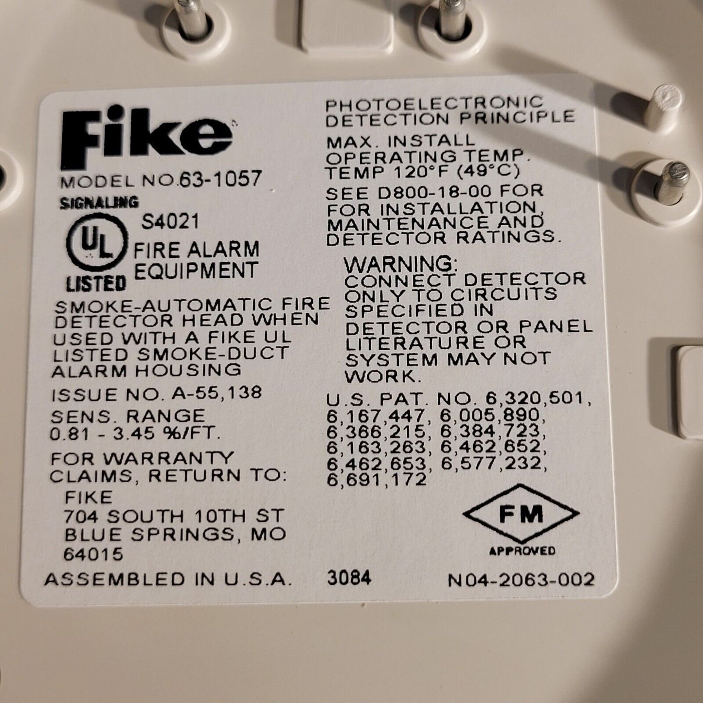 Fike 63-1057 Duct Sensor Head Intelligent Photoelectric Smoke Detector