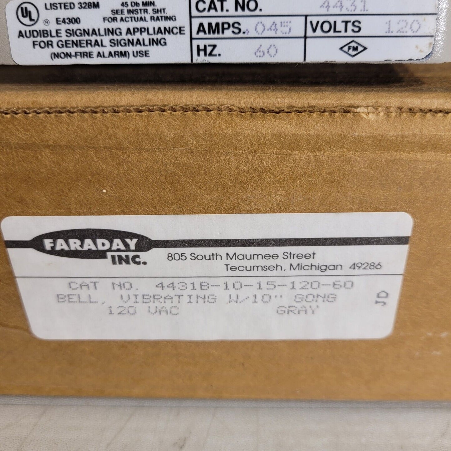 Faraday 4431B-10-15-120-60 Alarm Bell Vibrating w/ 10" Gong 45dB Min Gray