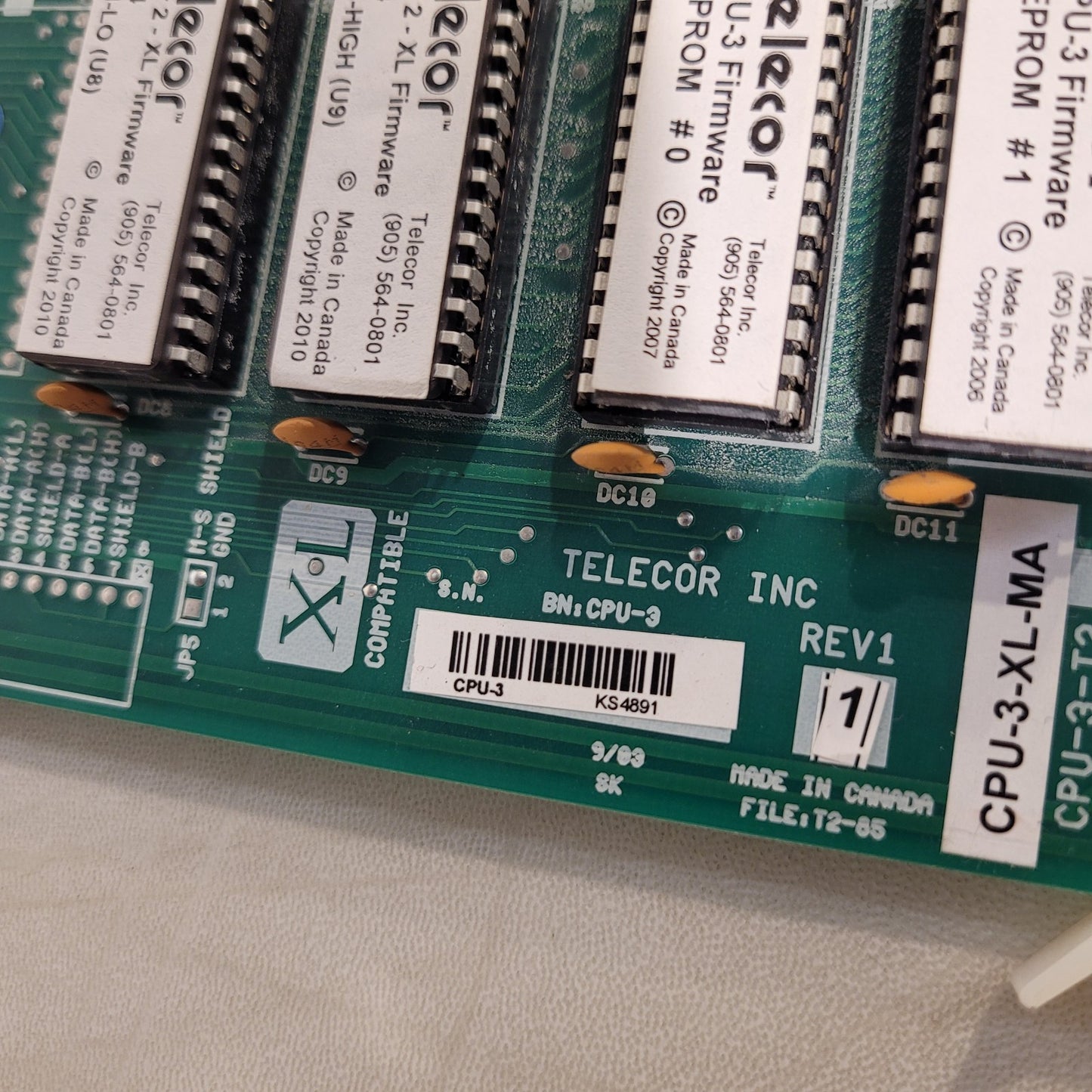Telecor CPU-3-XL-MA Rev 1 Plug In Module XL Compatible File T2-85 Control Board