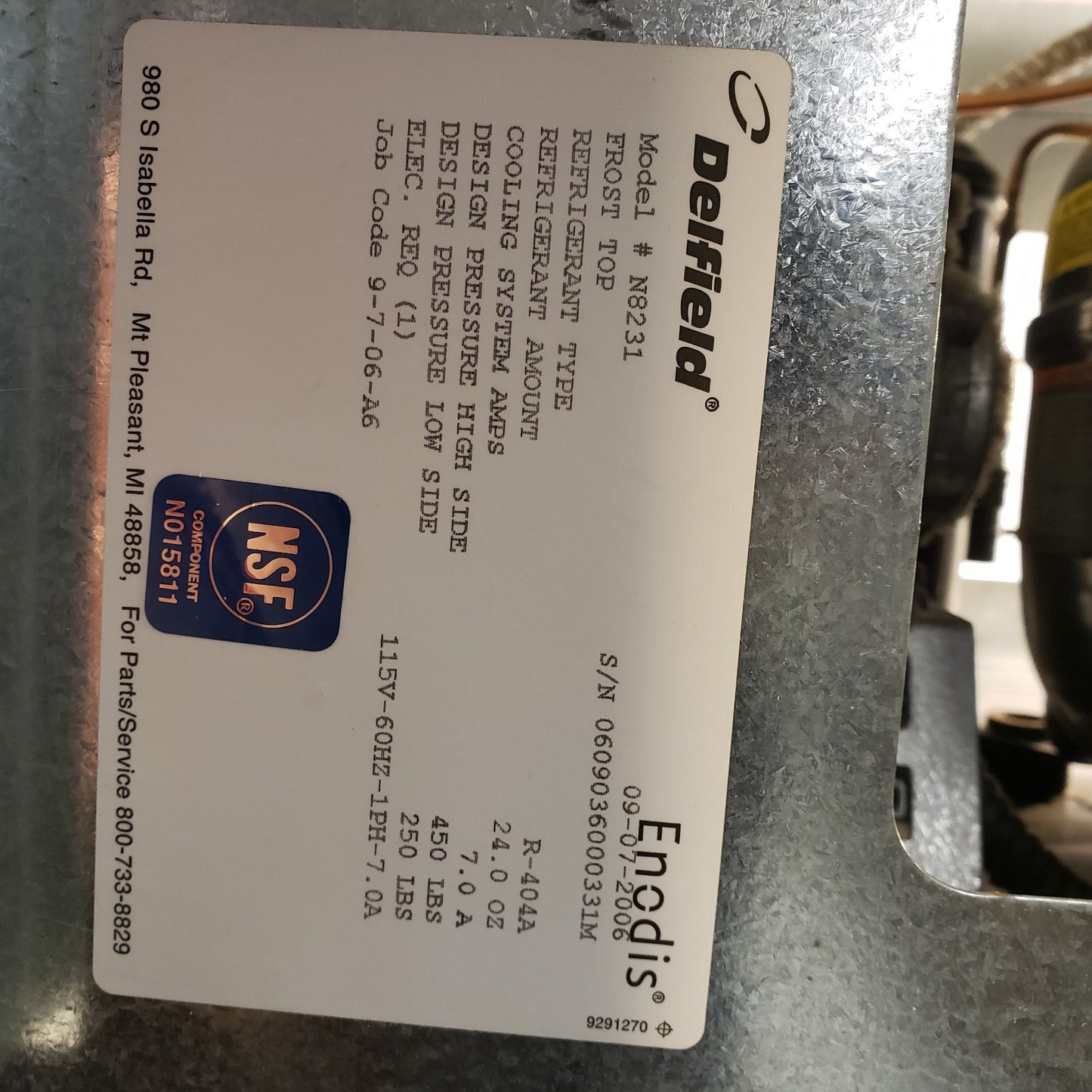 Delfield Enodis N8231 Frost Top R-404A Refridgerant 24oz 7 Amps - Tested Cold