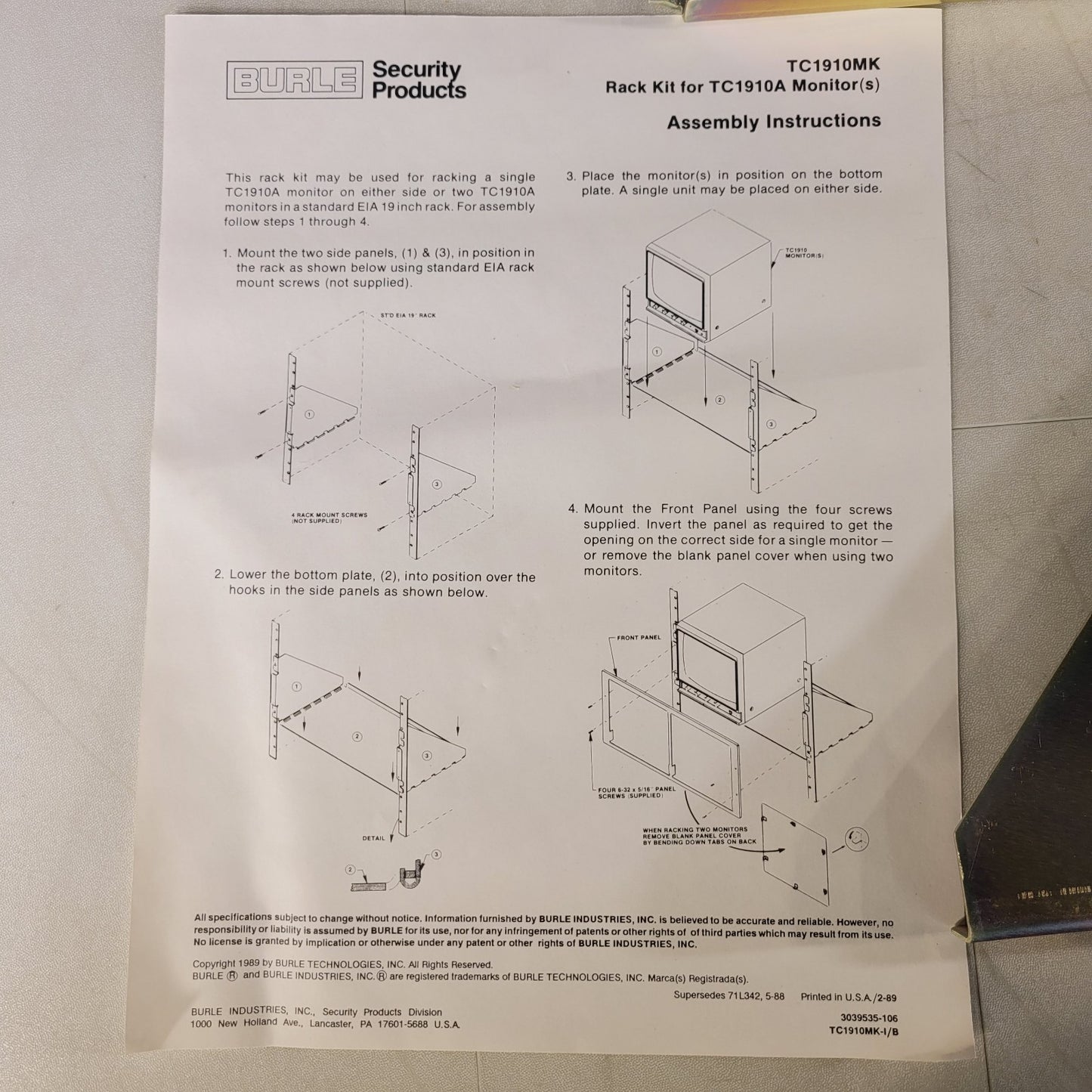 Burle TC1910MK CRT Monitor Stand Rack Kit For TC1910A Security Products