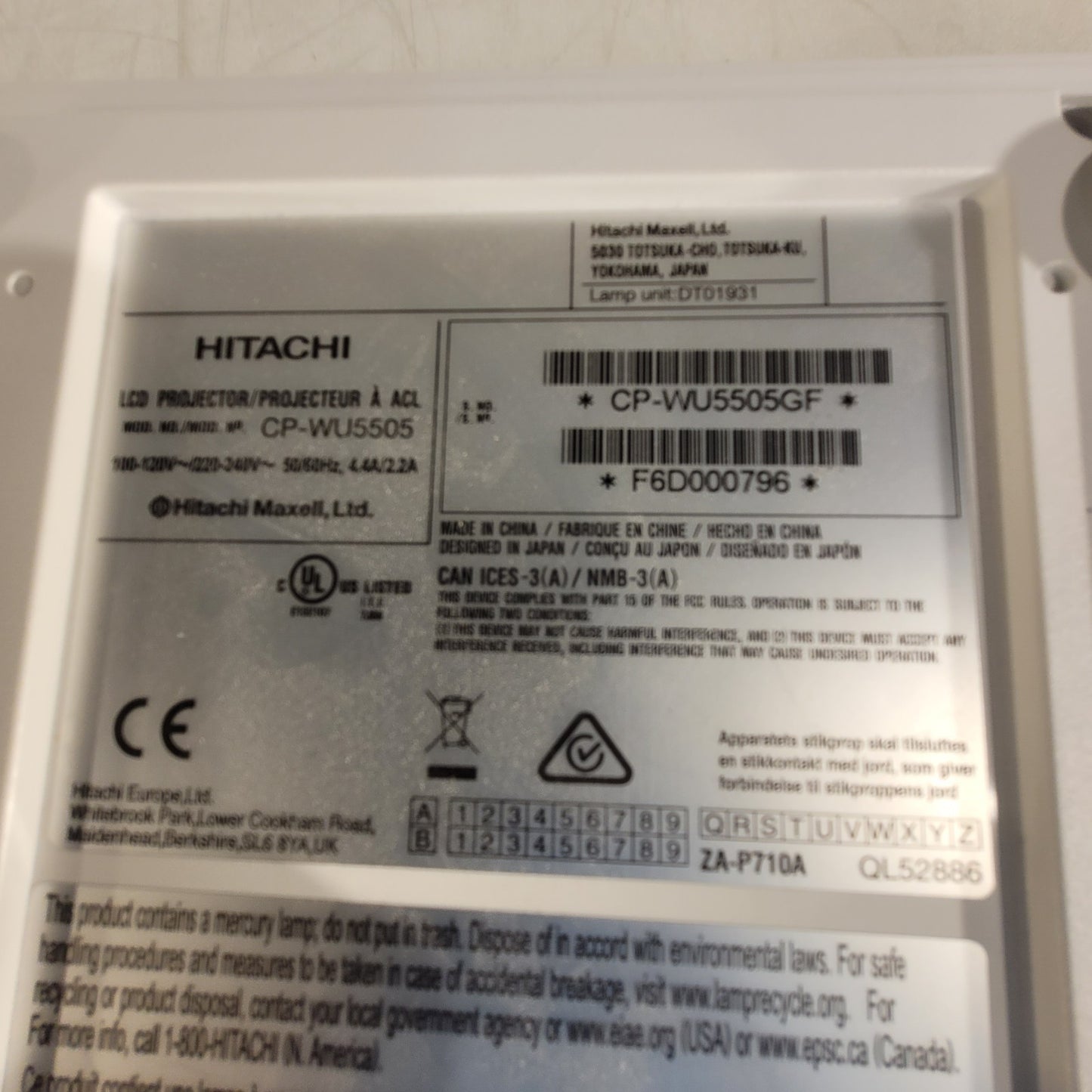 Hitachi CP-WU5505 1920 x 1200 Resolution Projector CP-WU5505GF 1300 Lamp Hours