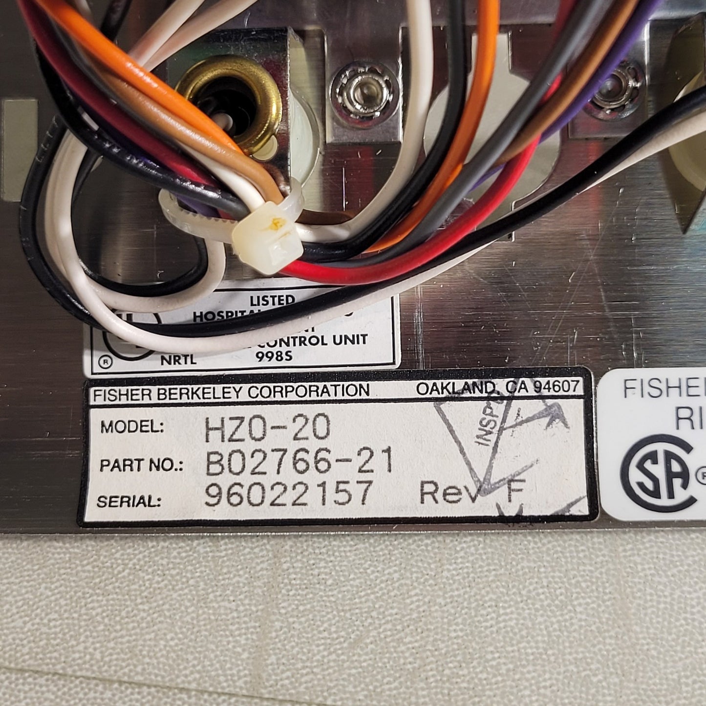Fisher Berkeley HZO-20 Call Light B02766-21 Rev F Stainless Steel Plate HZ0-20