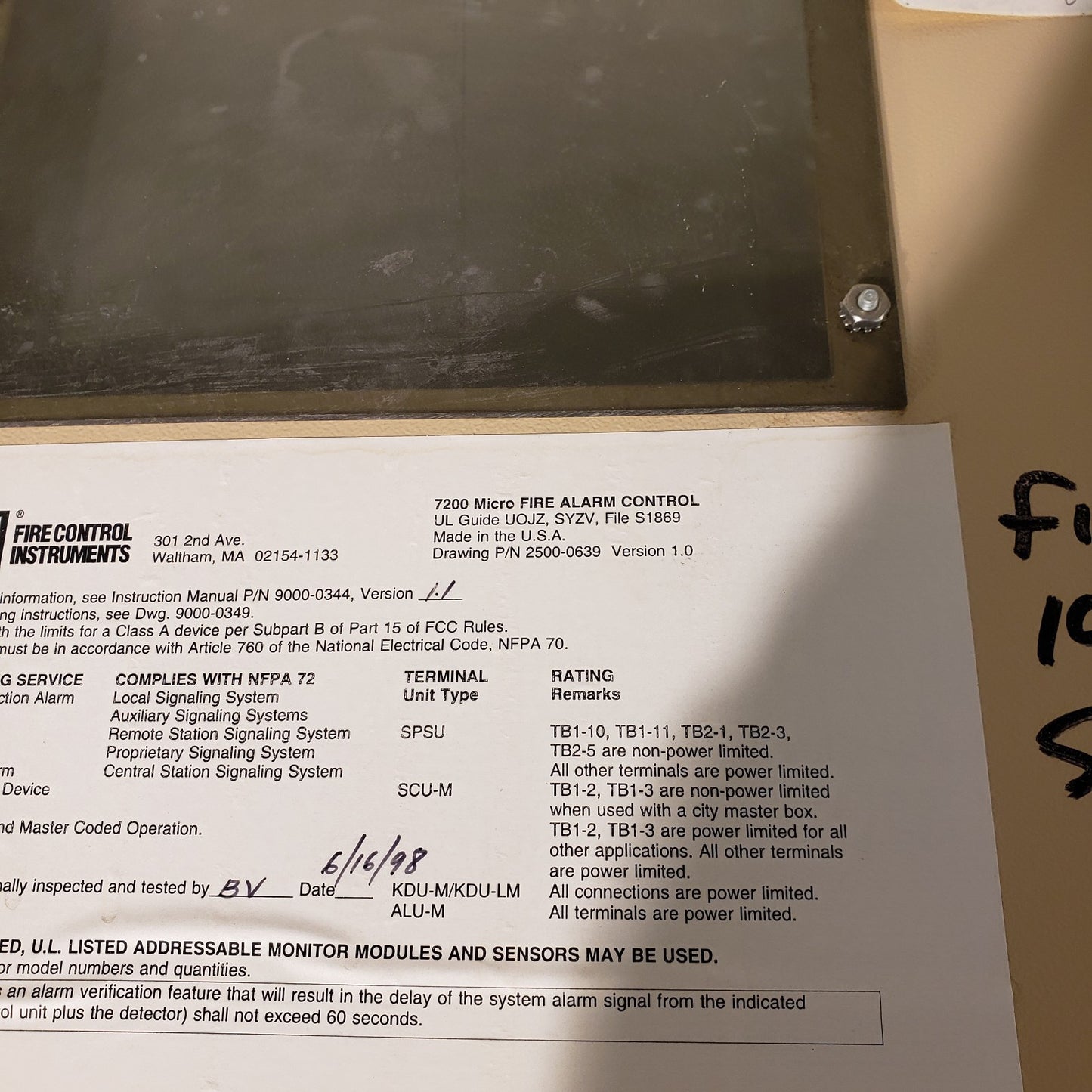 FCI 7200 Fire Alarm Control Box With Key Pad KDU - Incomplete Panel