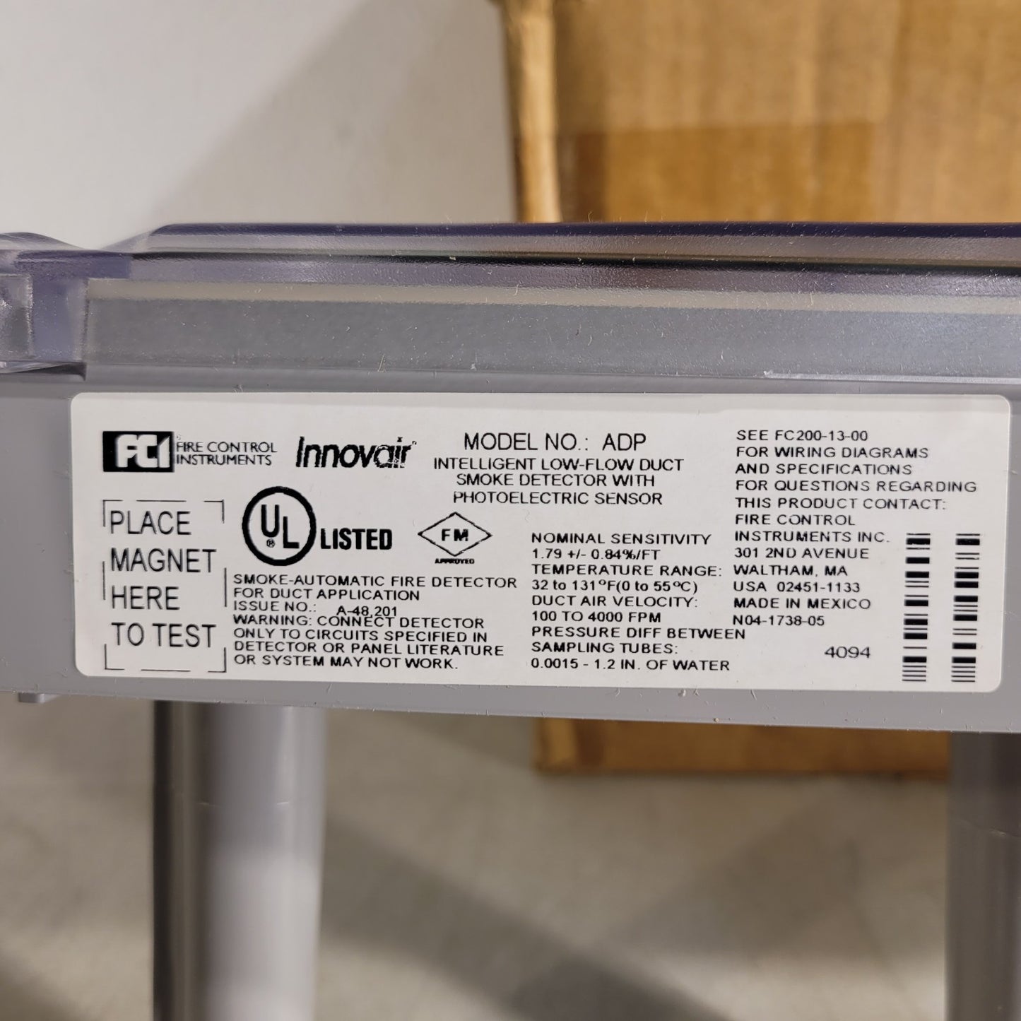FCI ADP Innovair Intelligent Low Flow Duct Smoke Detector Photoelectric Sensor