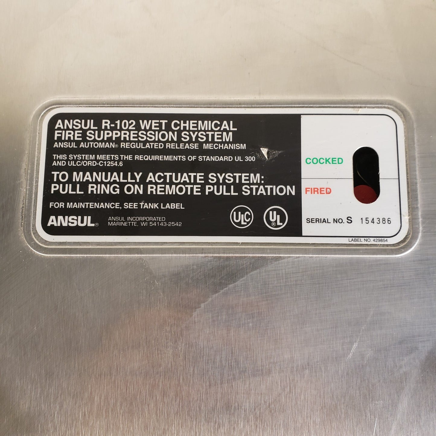 Ansul R-102 Wet Chemical Hood Fire Suppression System Cabinet w/ Mechanism
